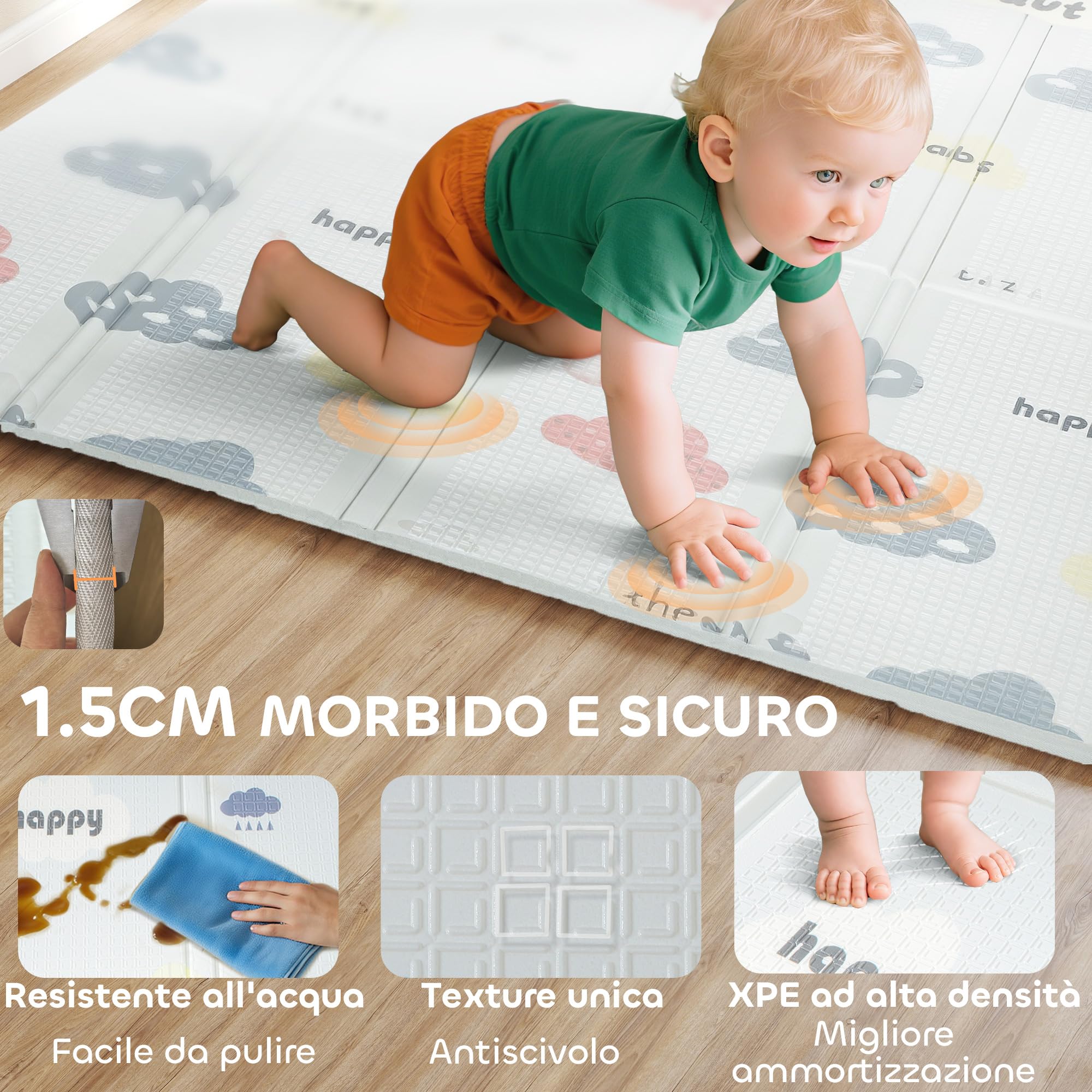 AIYAPLAY Tappeto per Bambini 0-3 Anni con Bordi Cuciti, Lettere dell'Alfabeto e Superficie Impermeabile, Tappeto Gattonamento in XPE e PE, 200x180x1.5 cm, Multicolore