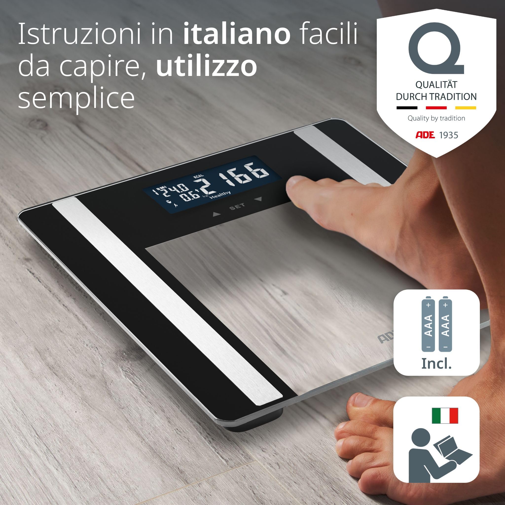 ADE Bilancia pesapersone impedenziometrica | bilancia digitale per grasso corporeo, BMI, massa muscolare, acqua corporea, peso, BMR | capacità di carico elevata di 200 kg | nero