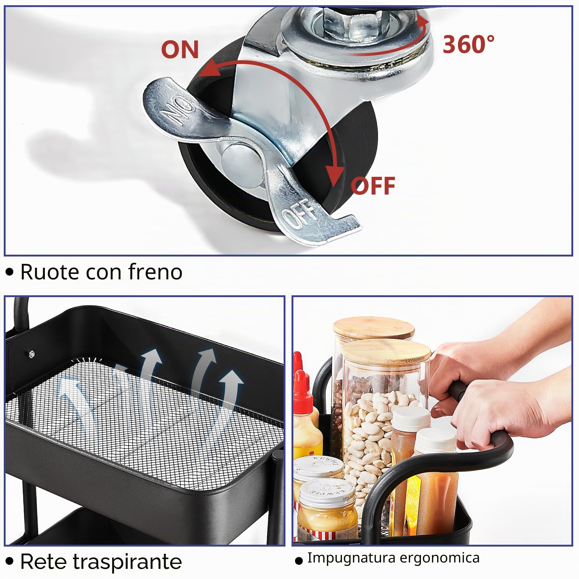 Carrello di Servizio Cucina Carrello Scaffale Cucina, Carrello Multiuso Rimovibile, Con Maniglia e Rotelle Bloccabili, Adatto per Bagno e Cucina, Nero