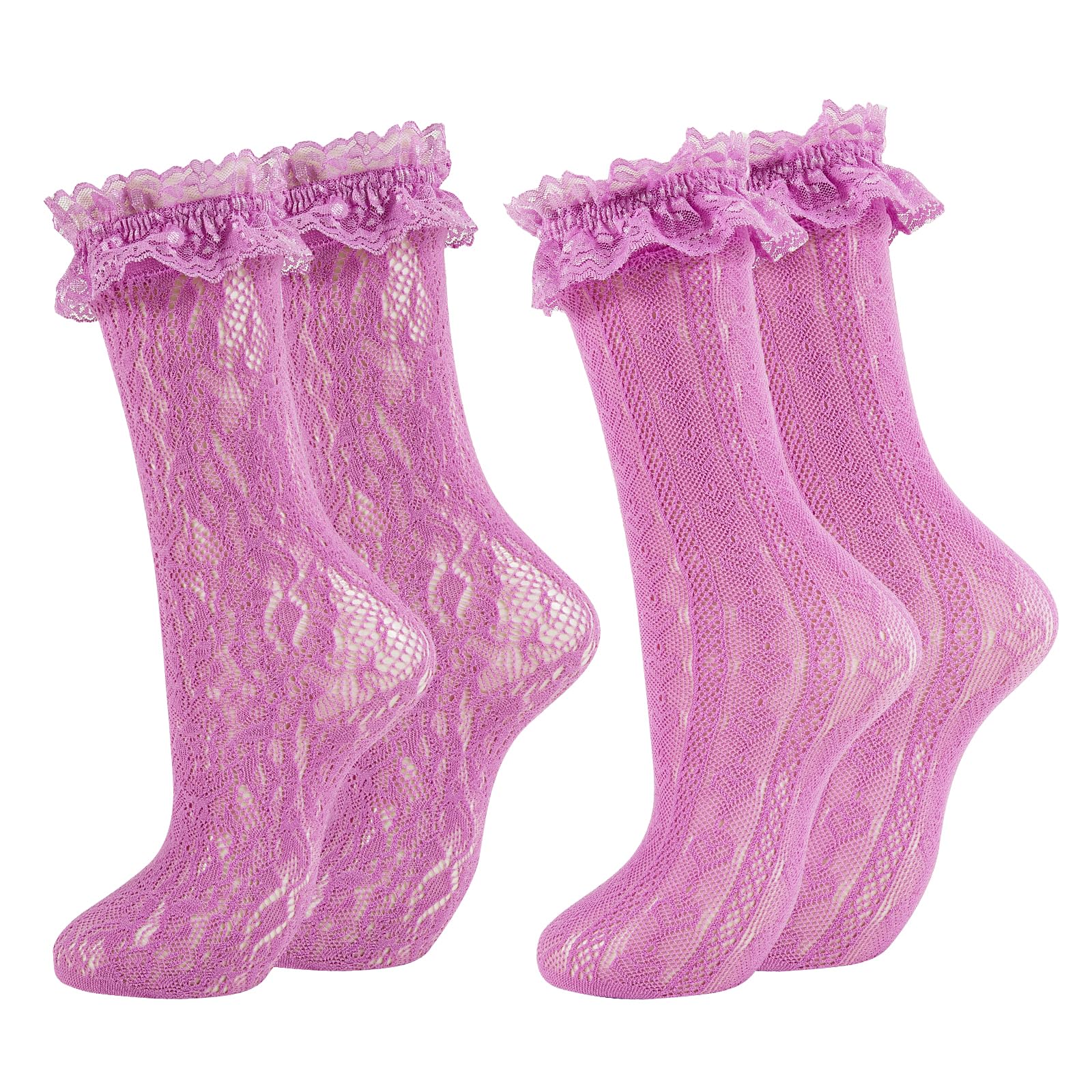 Mkyszlt Women's Purple - 2 Pairs Lace Ankle Socks Ruffle Frilly Dress Socks Sexy Mesh Lace Trim Lolita Sock Lacy Ruffled Bootie Sock For Woman, One Size