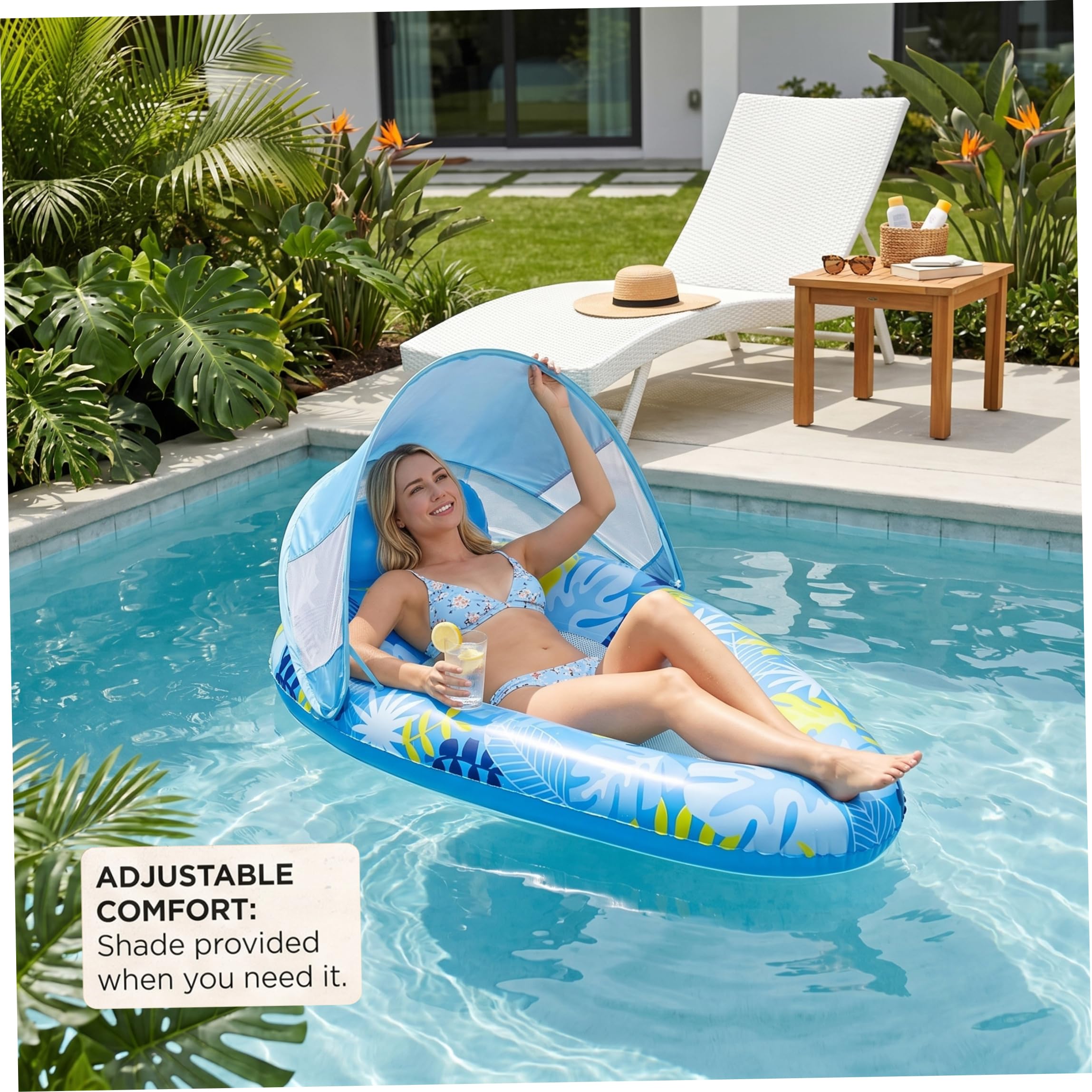 Flotteurs de Piscine pour Adultes, flotteurs de Plage gonflables avec auvent Amovible, hamac Salon en Maille en Forme Goutte, Feuille Bleue
