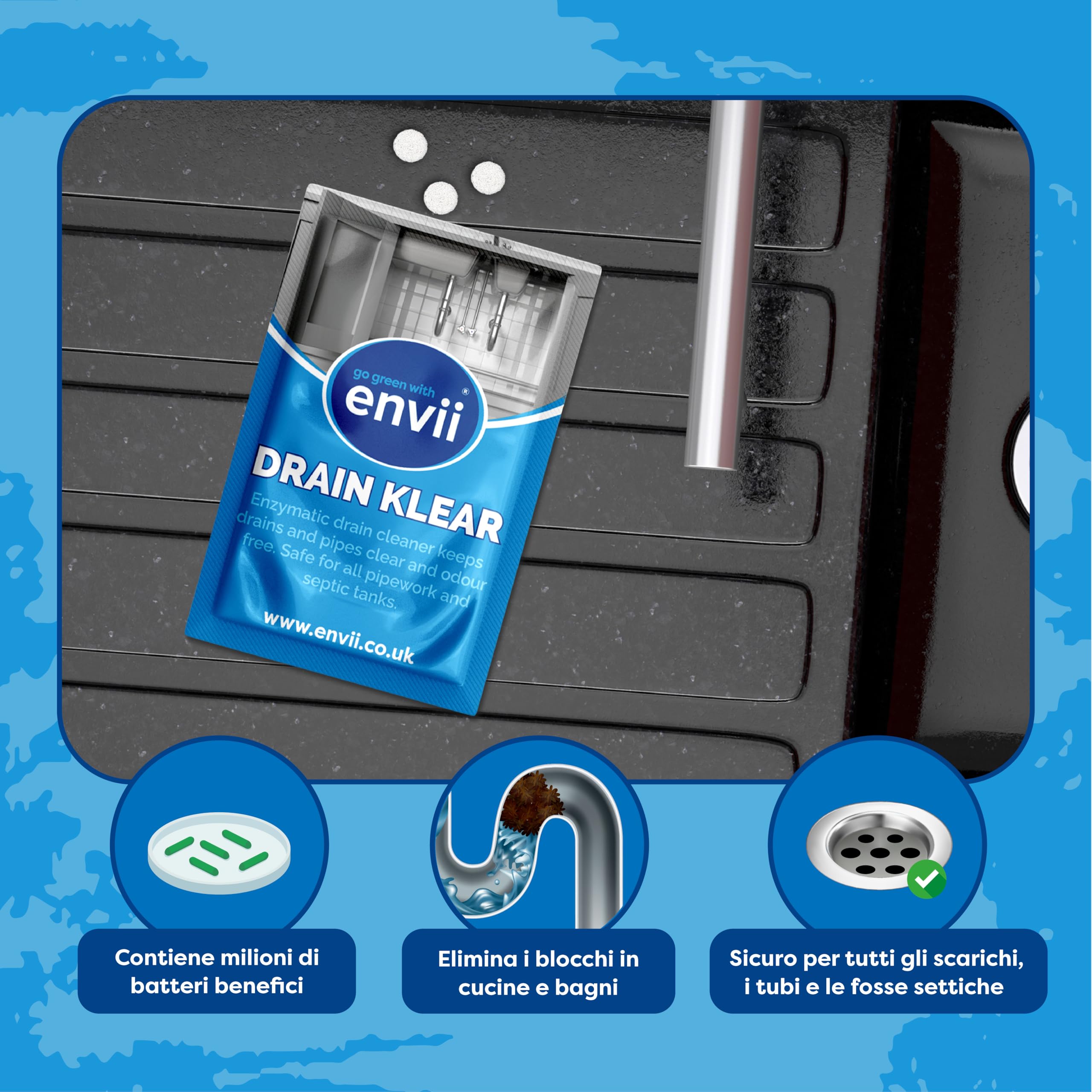 Drain Klear – Detergente enzimatico naturale per tubi, forte sblocco e eliminazione degli odori, sicuro per fosse settiche, 12 compresse