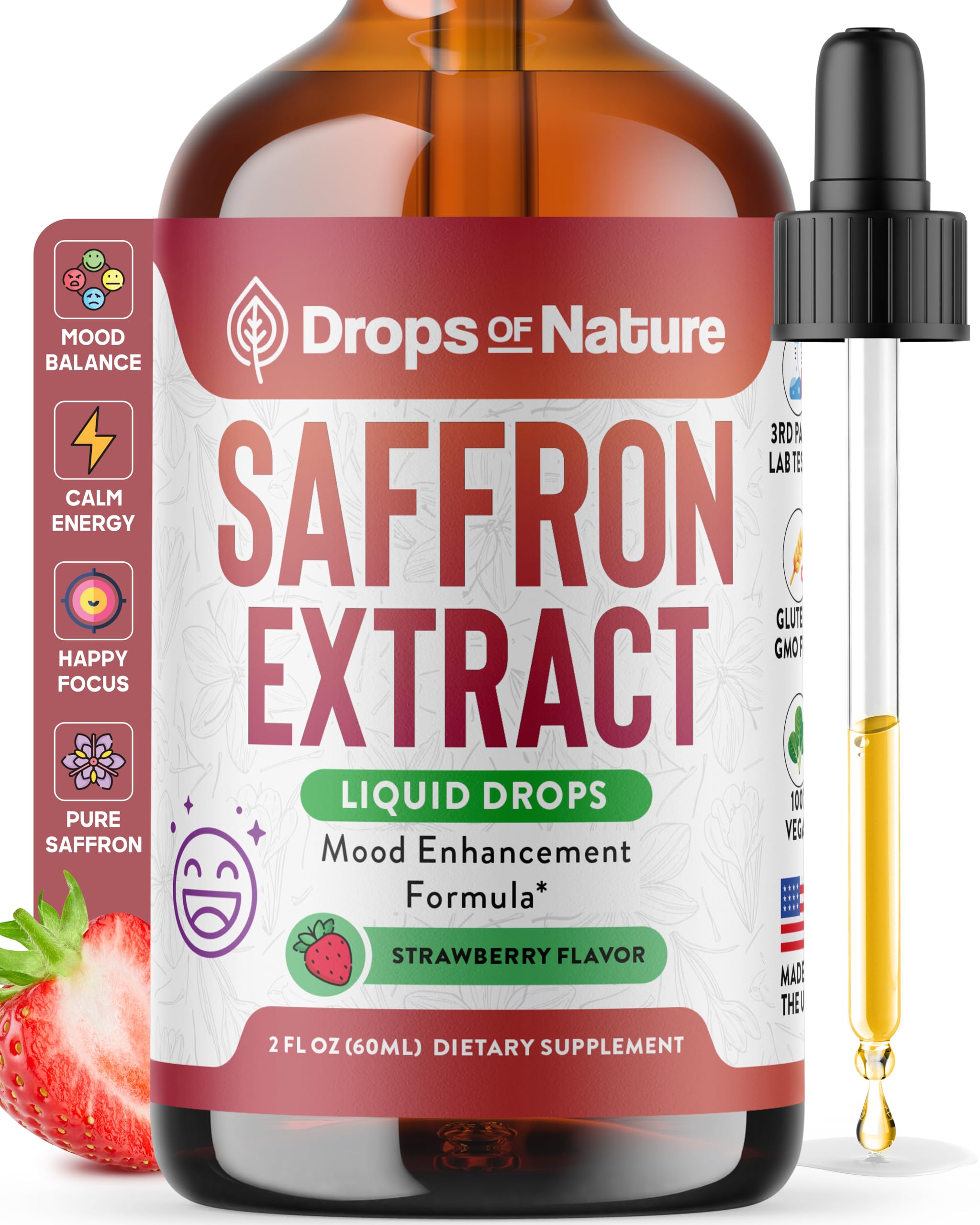 Saffron Supplements for Kids & Adults – Made with Pure Saffron Extract – Vegan, Fast Absorbing – Mix with Drinks – Supports Eye Health, Emotional Balance and Antioxidant Level Boost (Strawberry, 60mL)