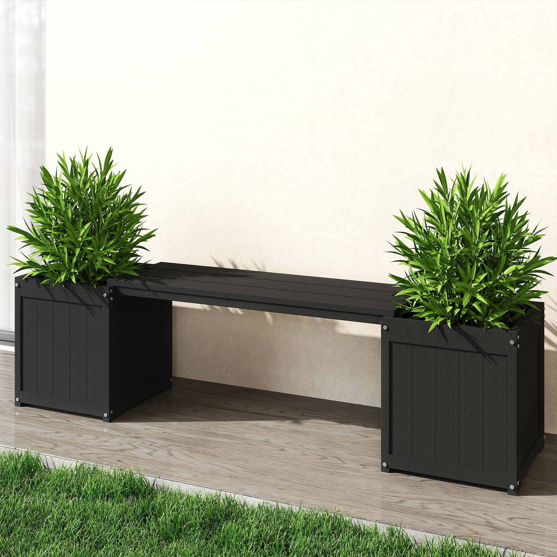 Domi HDPE Outdoor Front Porch Garden Bench Planter with Flower Boxes