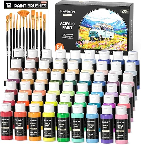 Pintura acrílica de 54 colores, juego de pintura acrílica Shuttle Art con 12 pinceles, botellas de 2.0fl oz2 onzas, pintura de alta calidad para