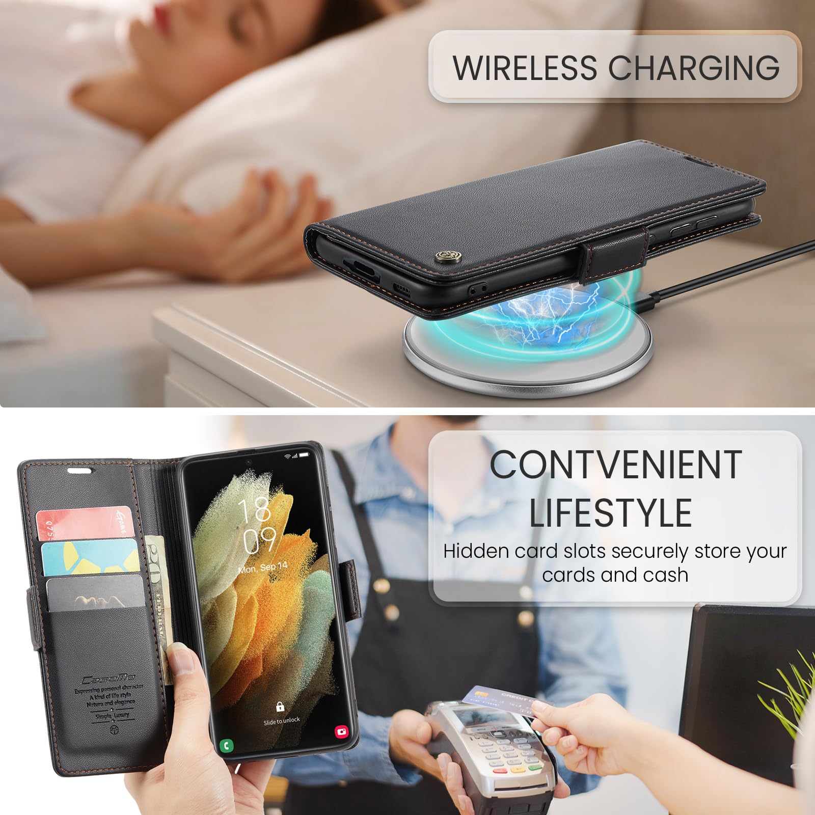 Etui do Samsung Galaxy S21 Ultra, wysokiej jakości skórzane portfela Case z [blokada RFID] stojak magnetyczne karty klapką ochrona obudowa Kompatybilne Samsung S21 Ultra, Czarny
