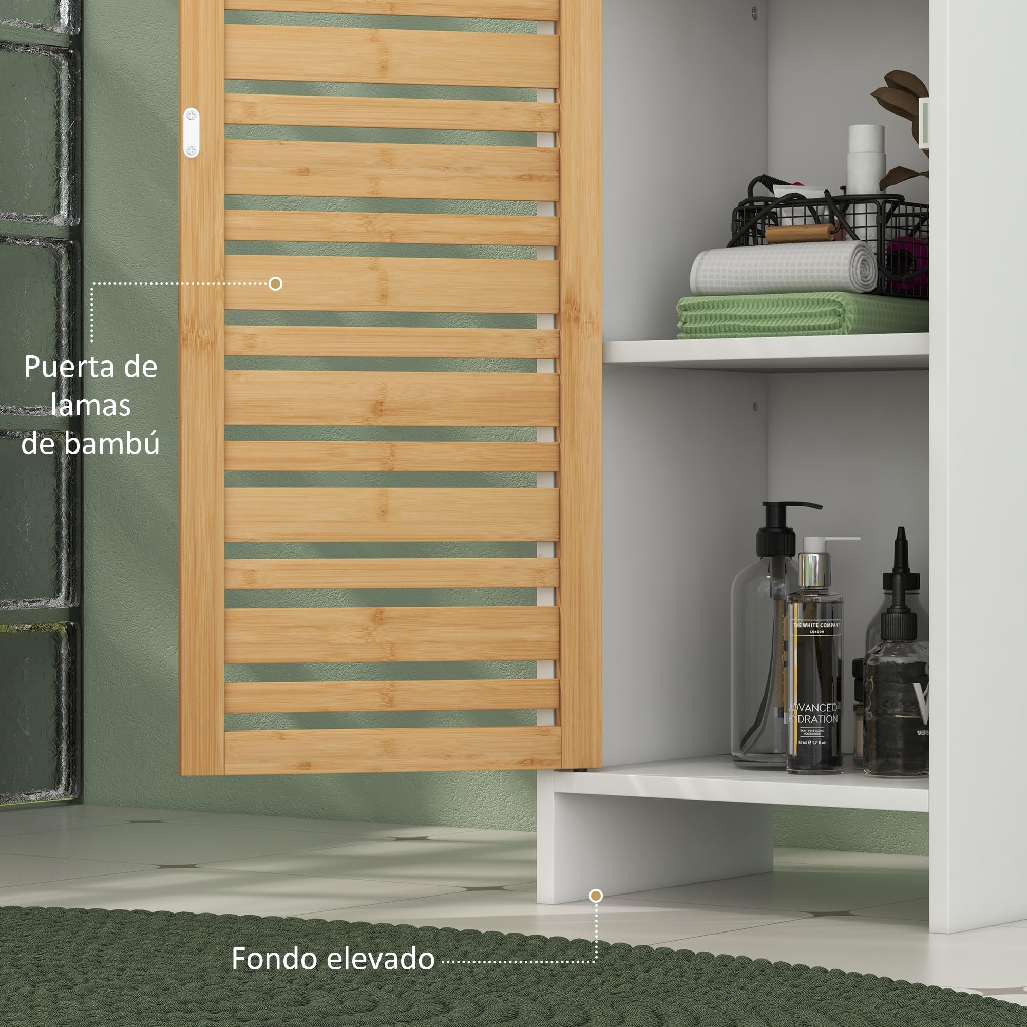HOMCOM Columna de Baño Moderna Armario Alto de Baño con Estantes Ajustable y Puerta de Bambú Anti-vuelco 35x30x170 cm Blanco y Natural