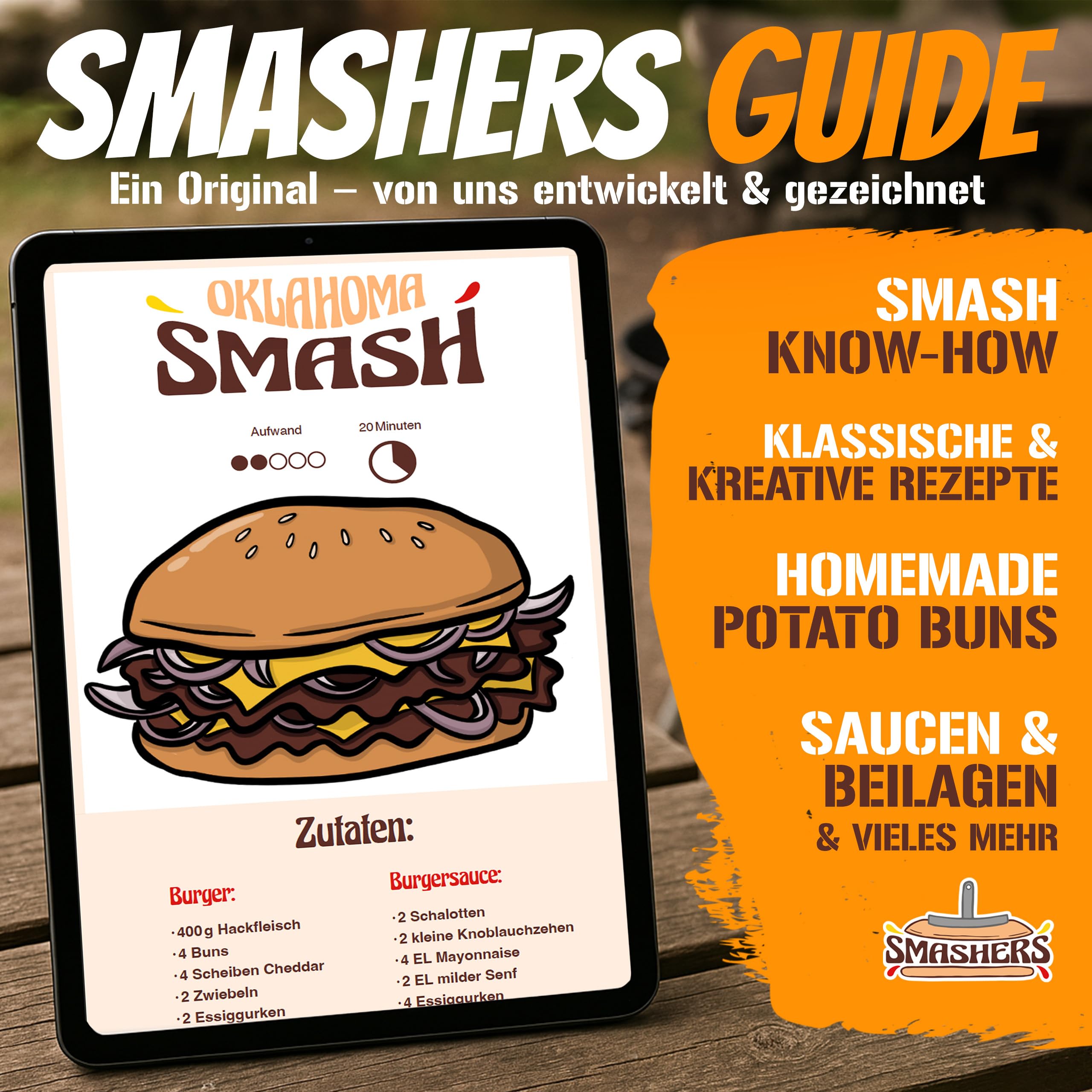 SMASHERS Smash Burger Set – Burger Smasher Set mit Burgerpresse, Grillspachtel, Pfannenwender & Burgerglocke - Inkl. E-Book mit Smash Burger Rezepten & Burgerpapier (6-TLG.)