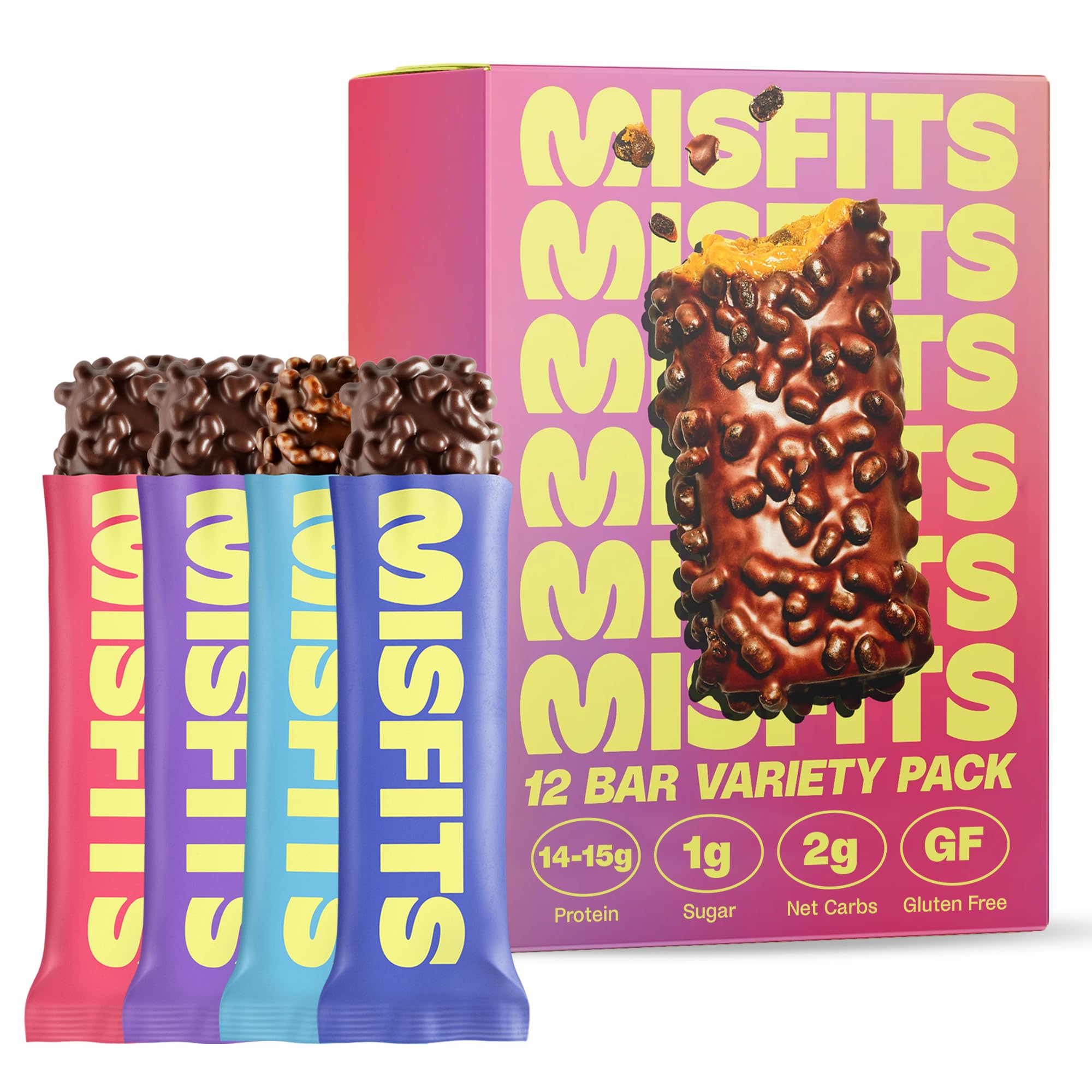 Misfits Protein Bar Variety Pack | Nutrition Bars - 14-15g Protein, 1g Sugar, Plant-based, Low Carb, Non-GMO, Gluten Free Snacks | Pack of 12, Multiple Flavors