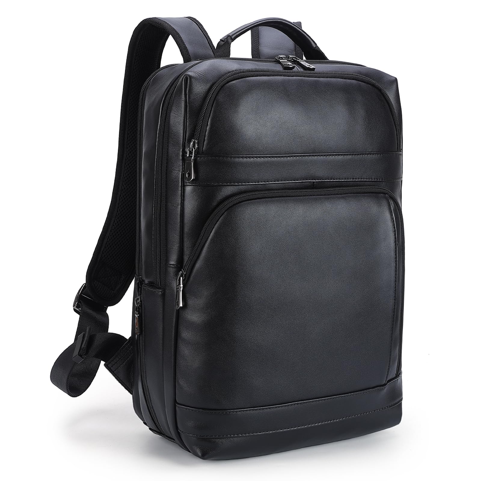 Masa Kawa Black Leather Laptop Backpack for Men Fits 16” 15.6” Computer, Business Travel Work Large Daypack Camping Weekender Bag
