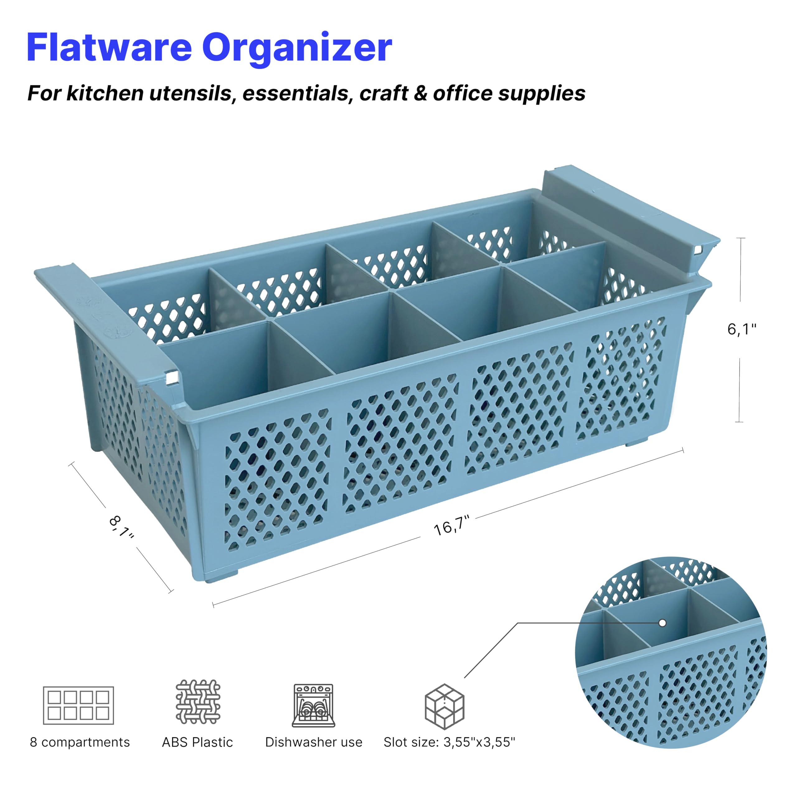 Organizador de cubiertos – Cesta de cubiertos de plástico con 8 ranuras – Estante de cocina grande de 16 pulgadas de largo para cuchillos, tenedores, cucharas y otros elementos esenciales