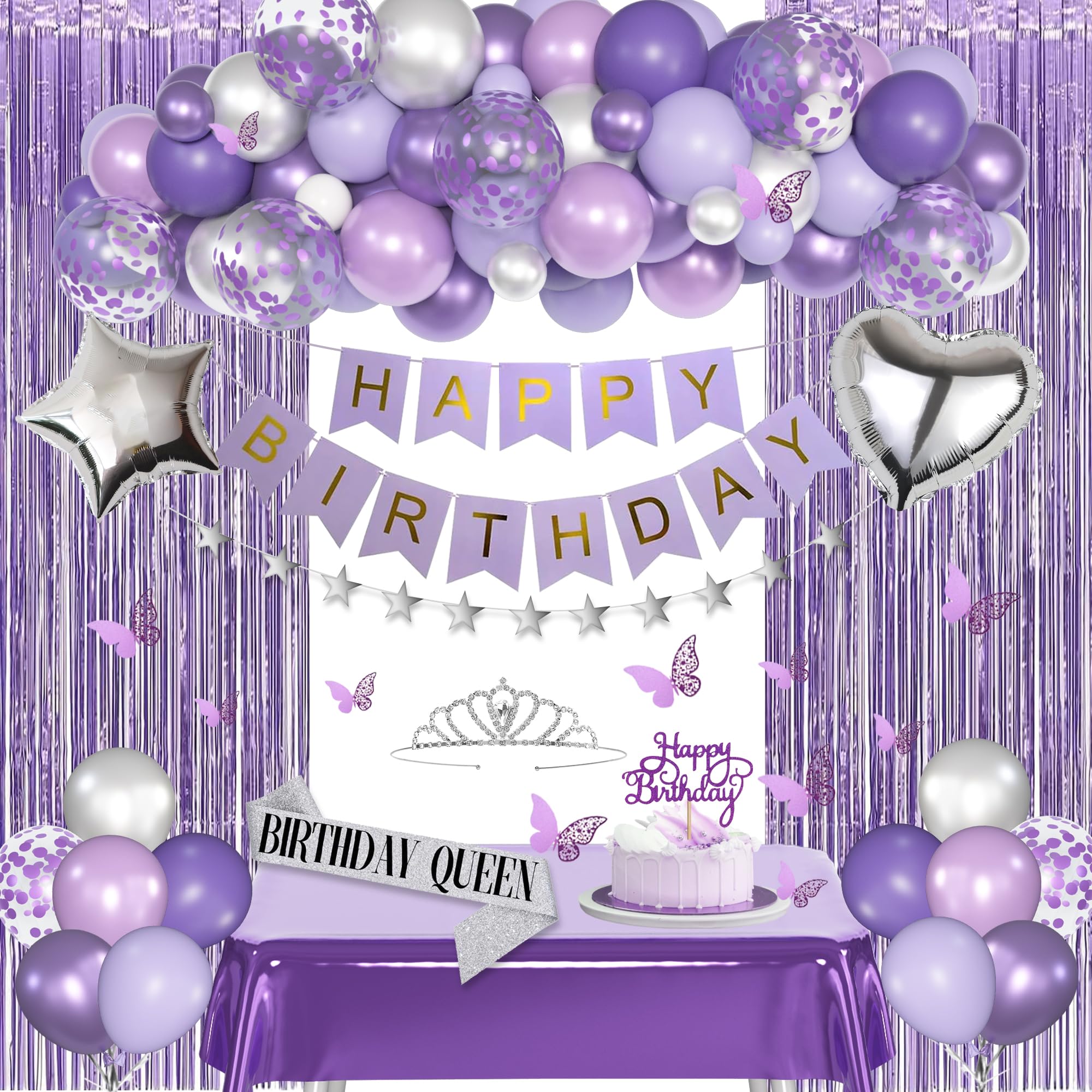 Purple Birthday Decorations for Women Girls, Lavender Purple Silver Foil Balloons Table Cloth Sash Crown Fringe Curtains Happy Birthday Banner Glitter
