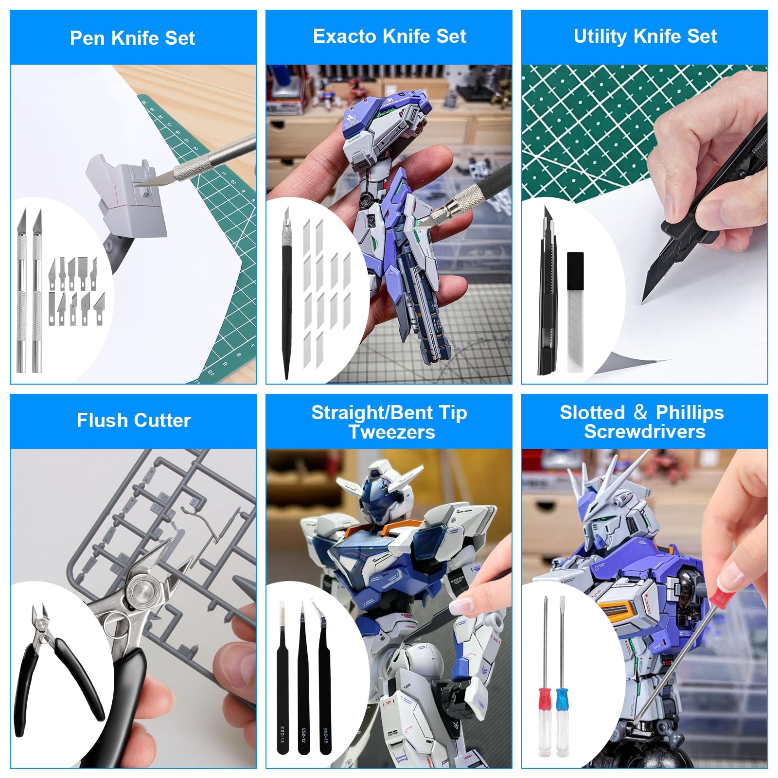 QLOUNI 250 sztuk narzędzi modelarskich z paletą na mokro, zestaw narzędzi hobbystycznych, zestaw narzędzi modelarskich do samodzielnego montażu Gundam, czołg, samolot, model samochodu, skrzynka