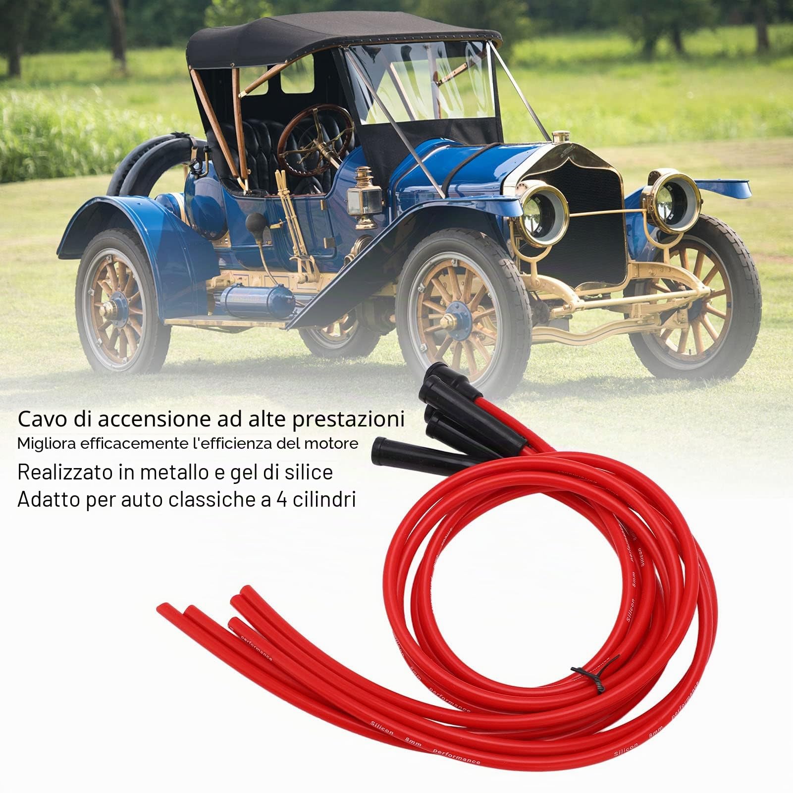 Cavo di Accensione per Auto, Set di Cavi di Accensione per Candele in Silicone Rosso 1 M Cavo di Accensione per Auto per Automobile a 4 Cilindri 8 Mm