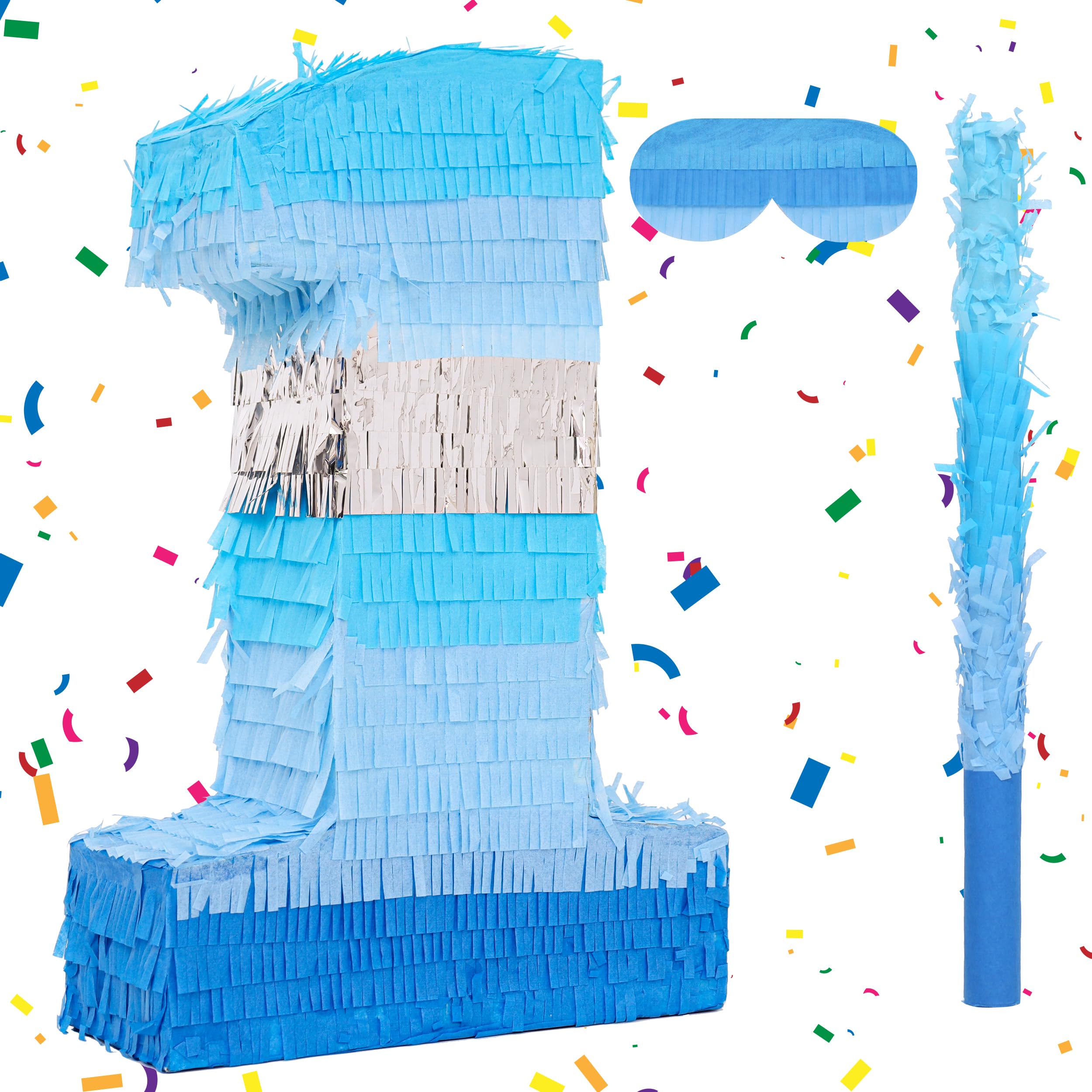 Birchio Number 1 Pinata Bundle with a Blindfold and Bat(16.2 x 10.7 x 4 Inches), Perfect for Boys and Girls Birthday Party Supplies, Blue Theme Birthday Decoration
