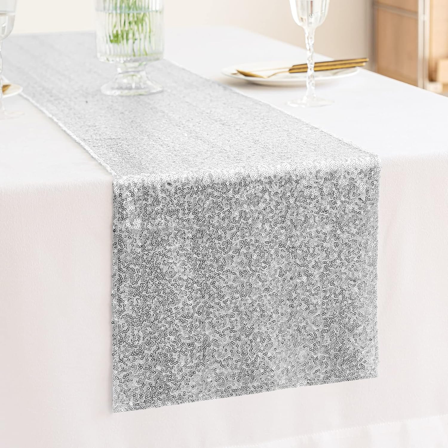 YUHX 12" x 72" Silver Sequin Table Runner, Glitter Sparkle