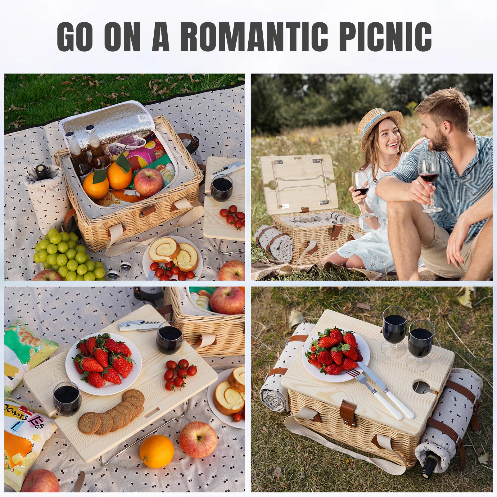 HappyPicnic Picknickkorb für 2, handgefertigtes Weiden-Picknick-Set mit Klapptisch und wasserdichter Decke, großer isolierter Picknickkorb mit Weintasche & Besteck-Set für Picknick, Camping, Urlaub