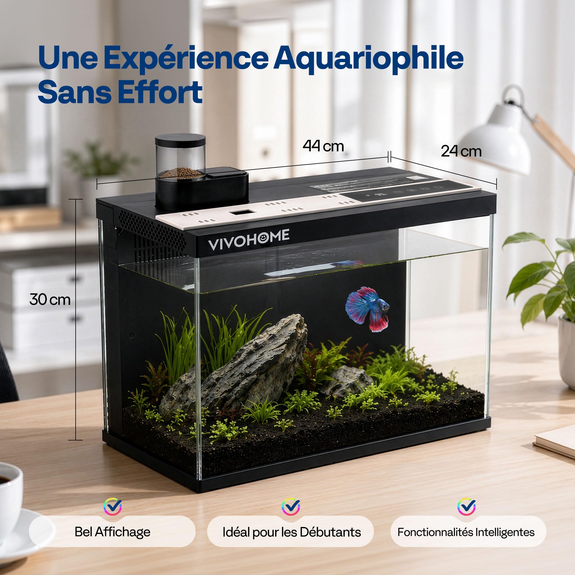 VIVOHOME 30L Aquarium Intelligent en Verre Contrôlé par App Kit Complet | Système de Filtration, Lumière LED, Pompe à Eau, Affichage Température, Auto-Nettoyant. Idéal pour Betta, Poisson, Crevettes