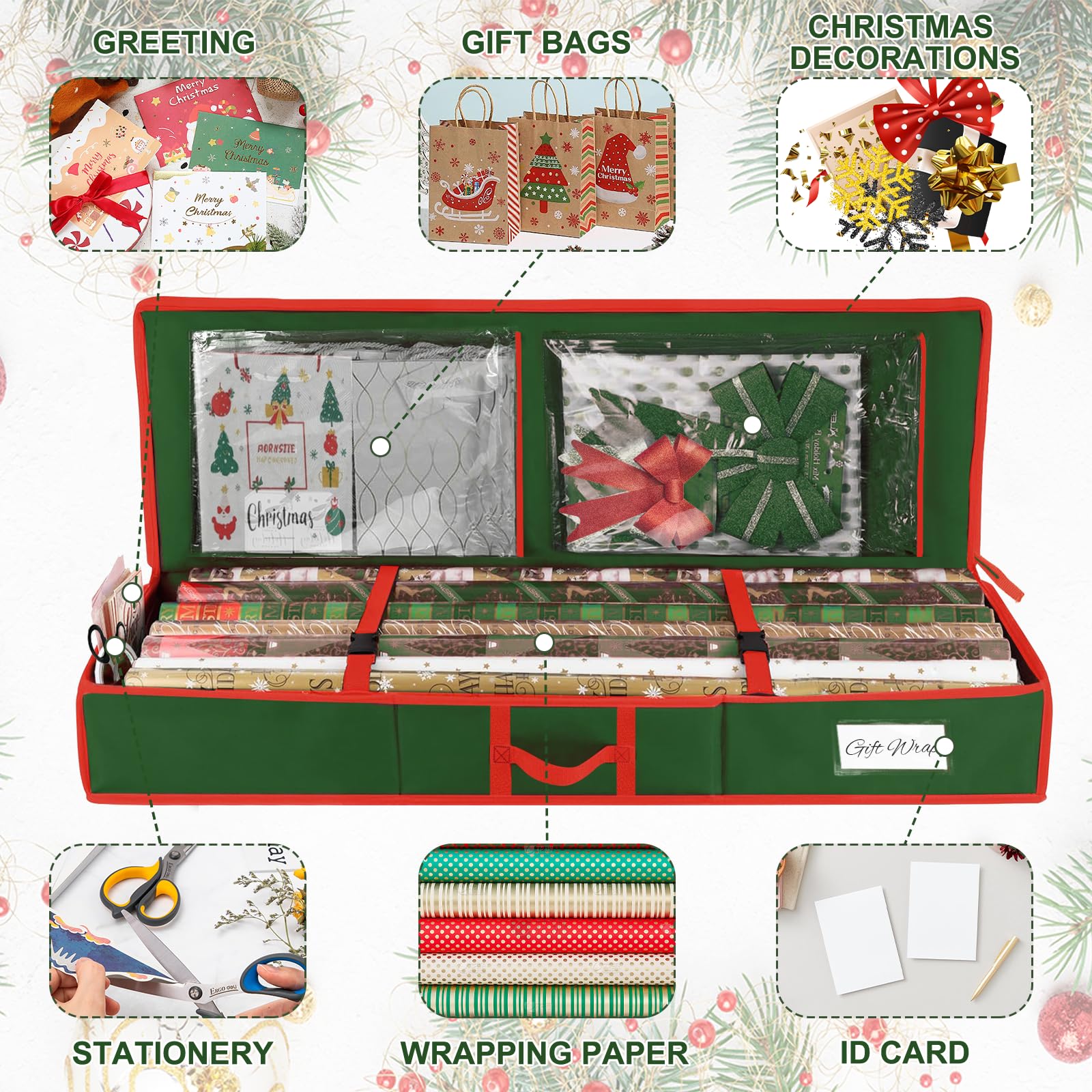 Yiomxhi Organizer Carta Regalo con Tasche Interne e Cinghie Regolabili, 103 cm Porta Rotoli Carta Regalo in 600D Oxford Borsa Organizzatore per Carte, Fiocchi, Nastri Natale (Verde)