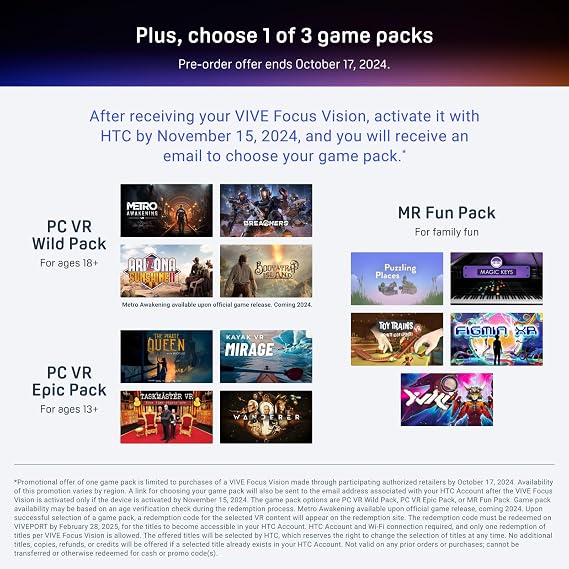 HTC Vive Focus Vision Bundle— Mixed Reality and PC VR Headset Plus Controllers — Consumer Edition Plus Vive Wired Streaming Kit — DisplayPort Mode Compatible