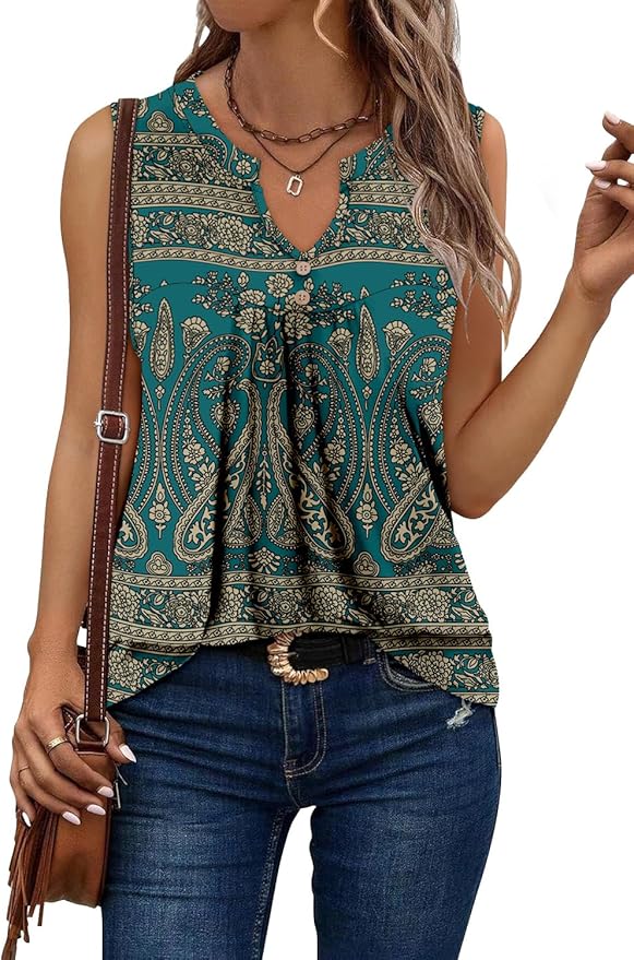KISSMODA Tank Tops for Women Summer Casual Sleeveless Shirts Dressy Trendy V Neck Tunics Loose Notched Blouses S-3XL