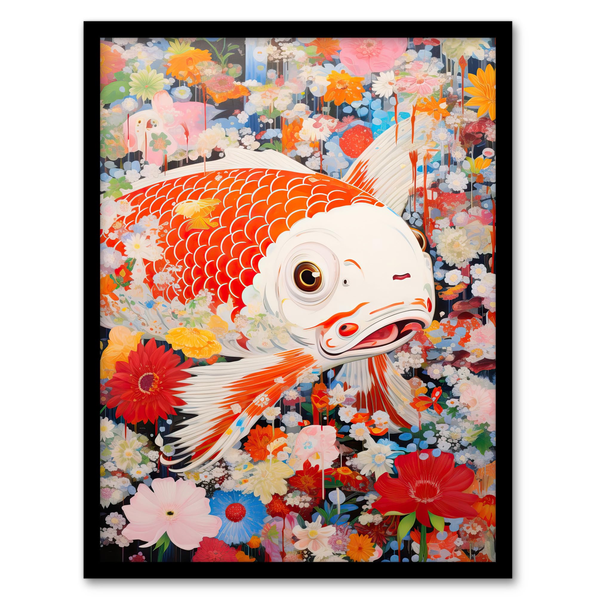 Artery8 A Fish Out Of Water Superflat Japanese Koi Carp Floral Modern Artwork Framed Wall Art Print A4