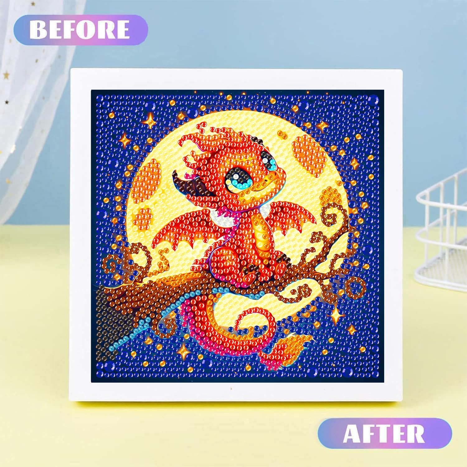 igoodom Dragon Diamond Art Kits for Kids with Frame, Dragon Small Diamond Painting Kit, DIY Big Gem Art and Crafts for Kids Ages 4-8-12 for Decor Gift 6x6 Inch