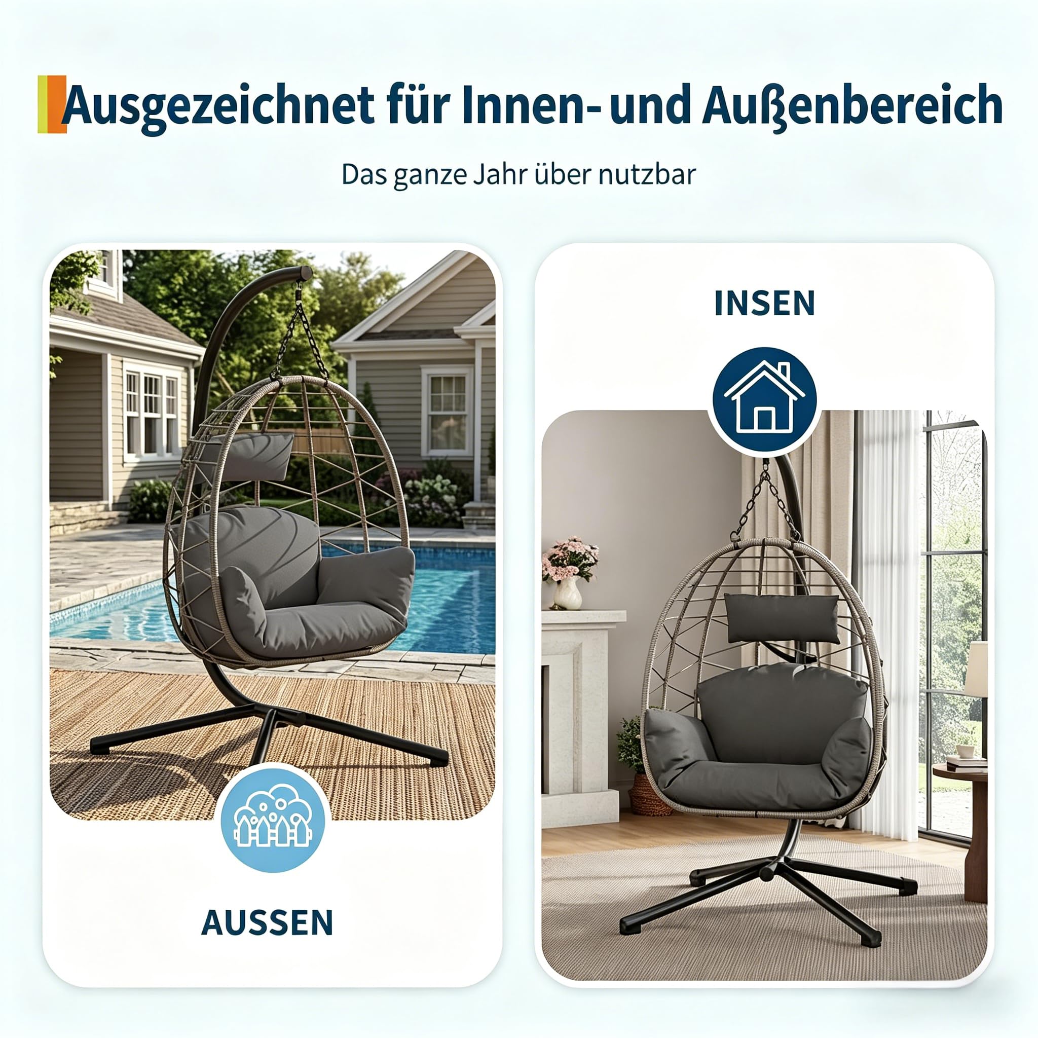 Hängesessel mit Gestell, wetterfestes PE-Rattan mit Metallgestell, bis 150 kg belastbar, mit Polster und Schutzabdeckung, für Garten, Terrasse, Balkon, Wohnzimmer (Indoor & Outdoor), Grau