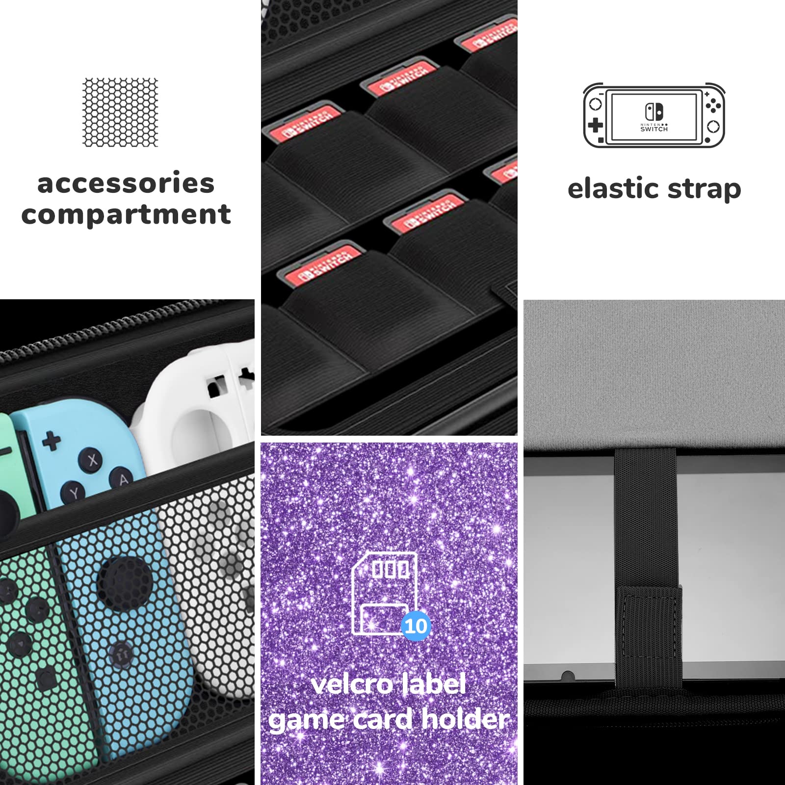 Homicozy Glitter Carrying Case Compatible With Nintendo Switch OLED & Console - Protective Hard Travel Shell Pouch for Accessories, Gaming Case for Girls