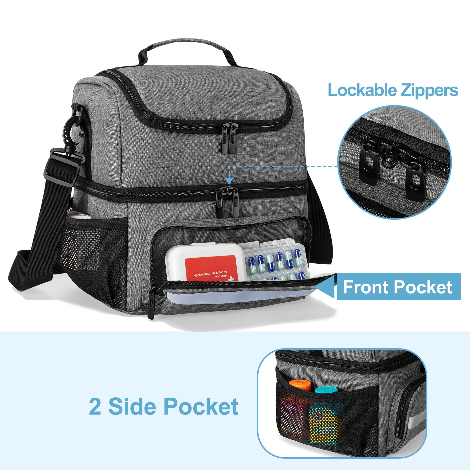 CURMIO Bolsa Médica de Doble Capa, Botiquín de Primeros Auxilios Domiciliaria, Bolsa de Emergencia para Medicamentos, Vitaminas, Suministros Médicos, Vacia, Gris