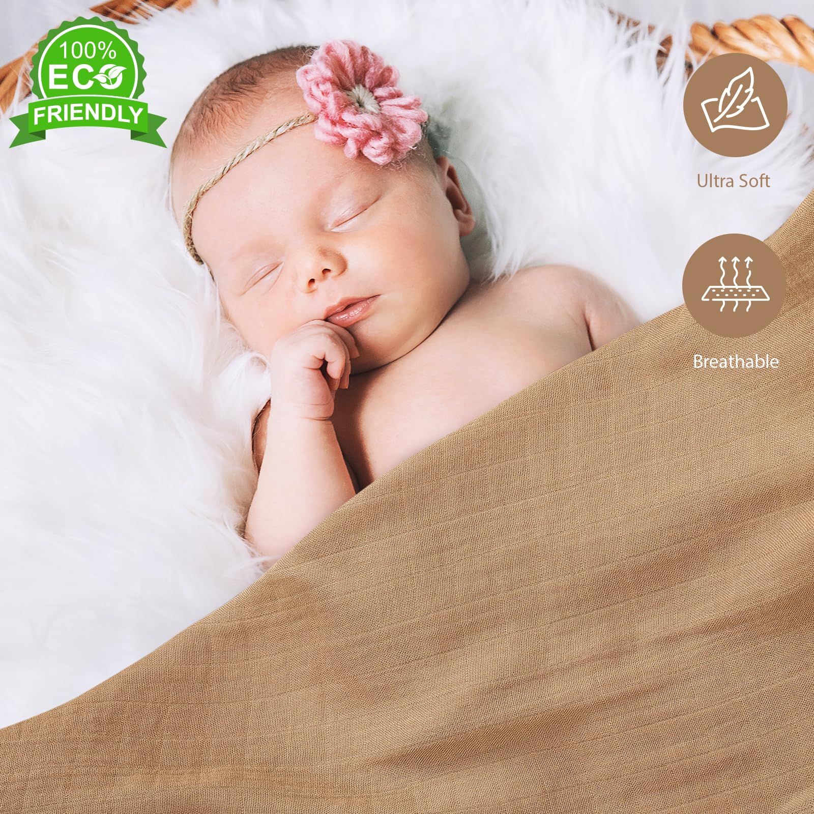 Yoofoss Muslin Cloths for Baby Muslin Squares 6 Pack Large 70 x 70cm Soft and Absorbent Organic Cotton Burp Cloths for Newborn Girls Boys-Coffee - Image 3