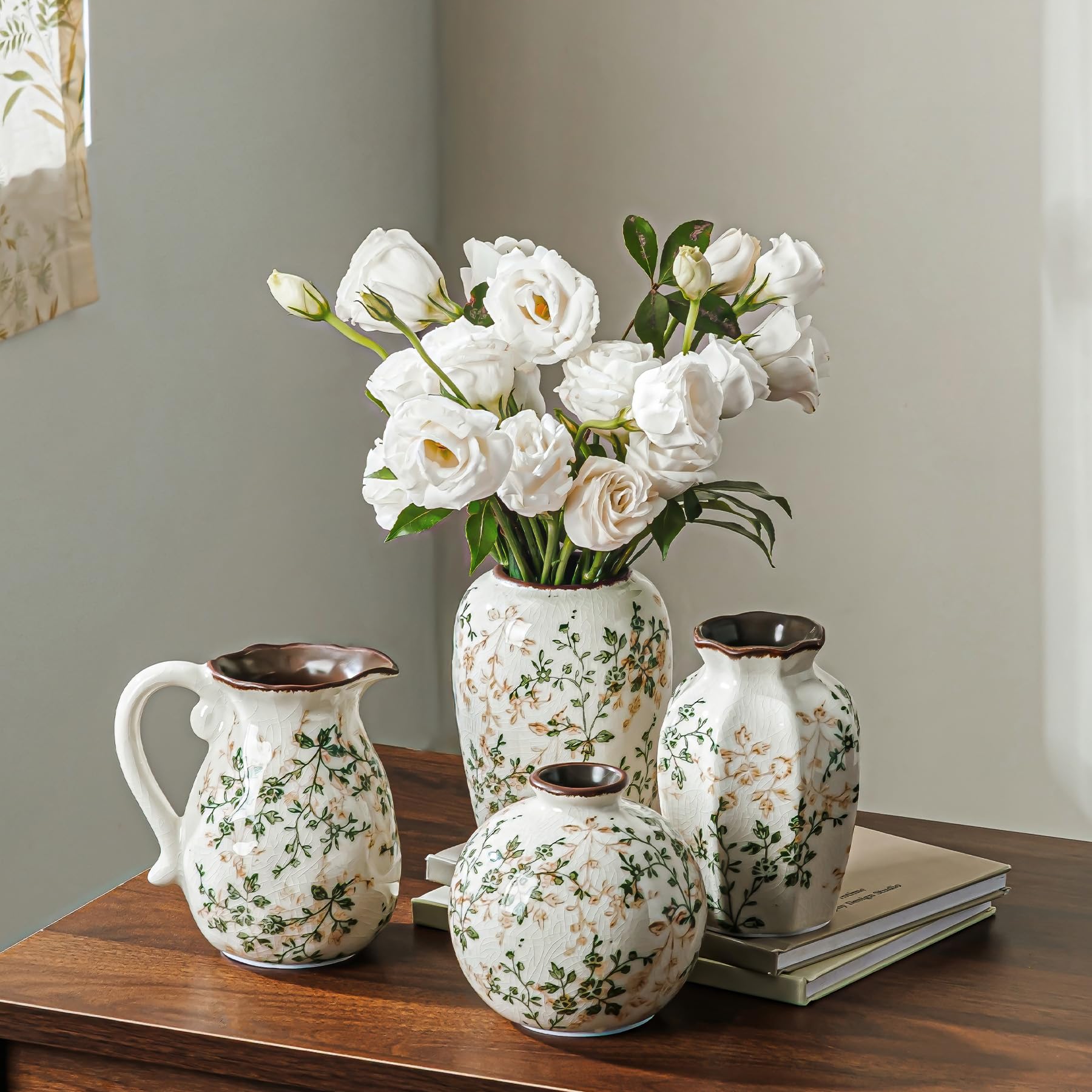 Ceramic Flower Small Vase for Home Decor, Vintage Green Mini Vase Set of 4