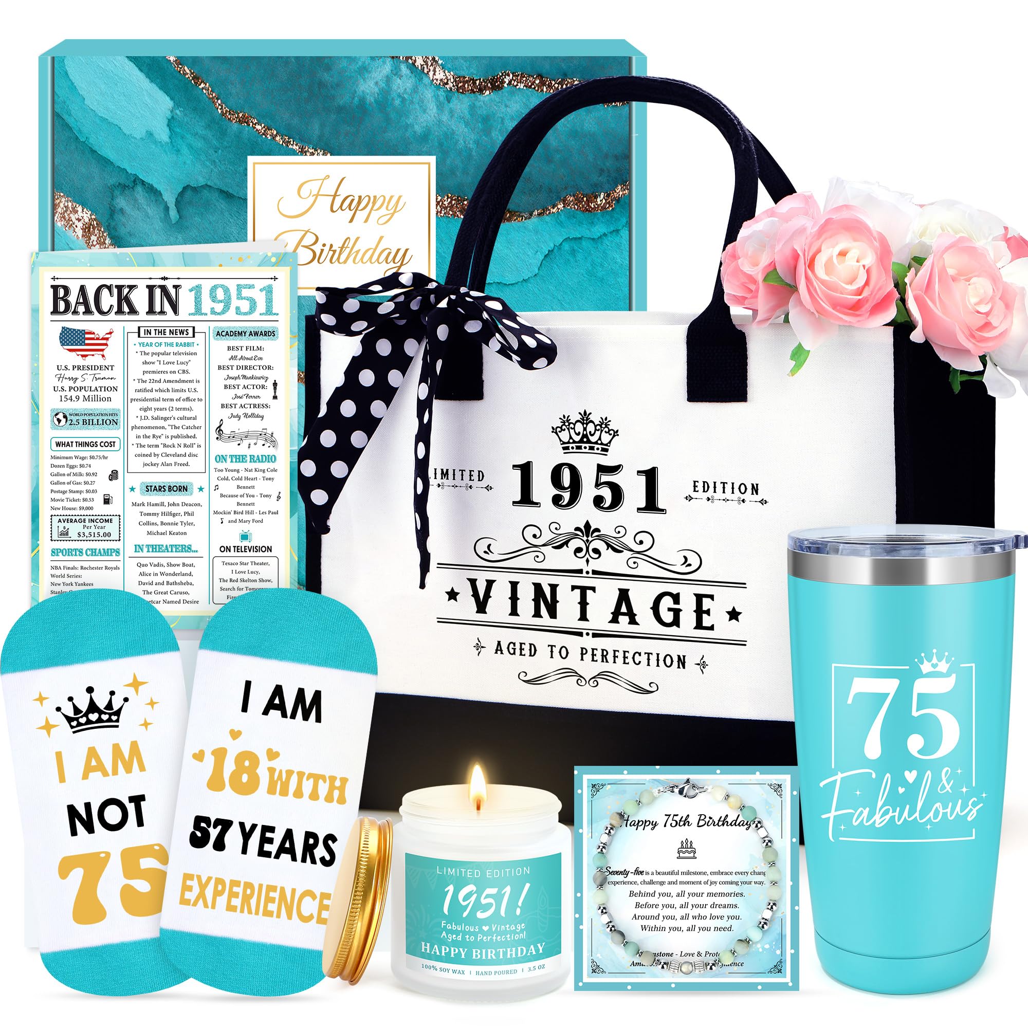 75th Birthday Gifts for Women Unique Gift for 75 Year Old Woman Cool 75 Year Old Birthday Gifts for Women 1951 Accessories for Woman Happy 75th Decorations Gift Ideas for Mom with Tumbler Tote Bag