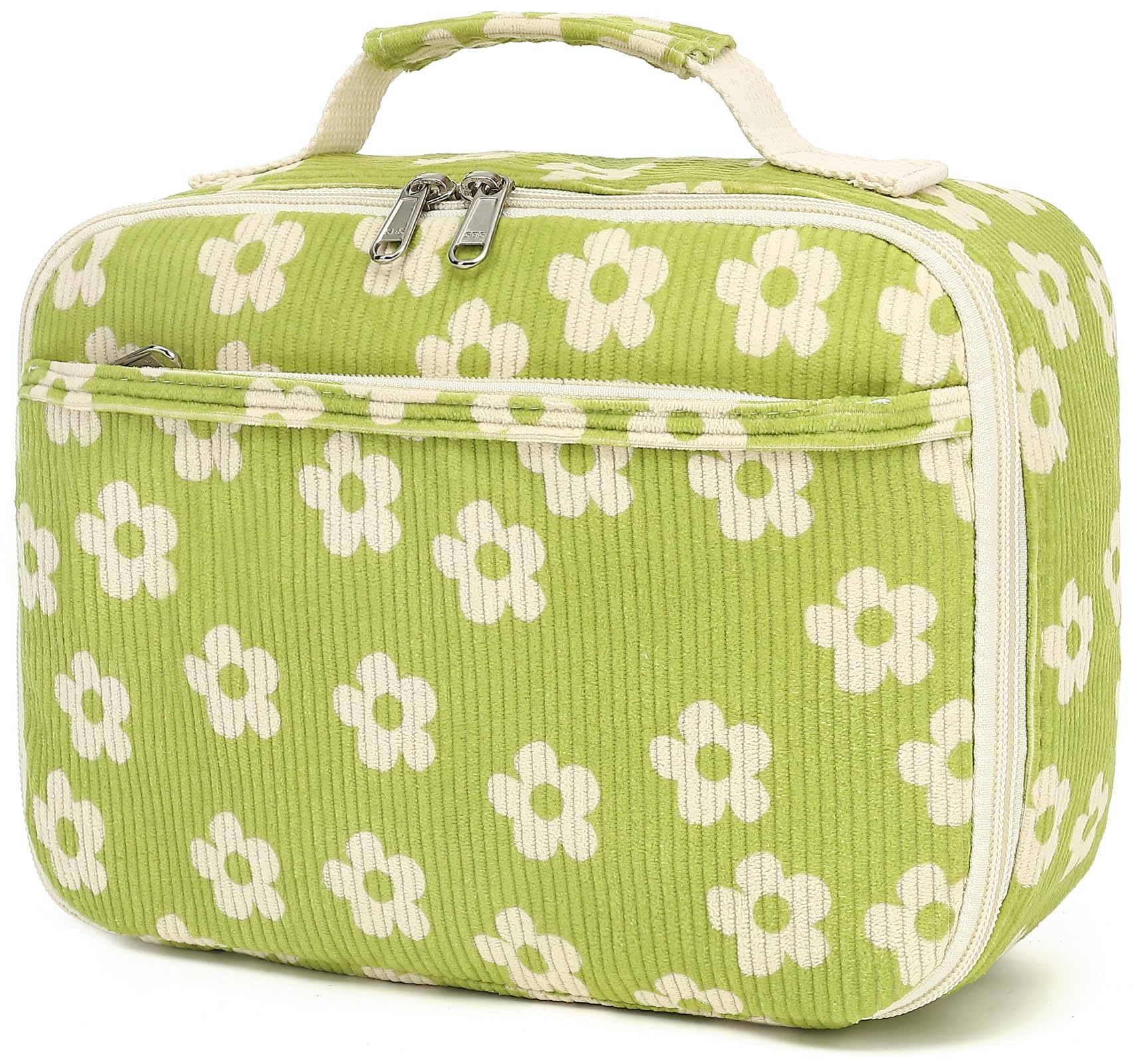 Bluboon Kids Girls Lunch Bag Insulated Lunch Box for school Corduroy Lunch Cooler Organizer School Kids Lunch Tote (Corduroy-Brown) (Beige Flower Green)