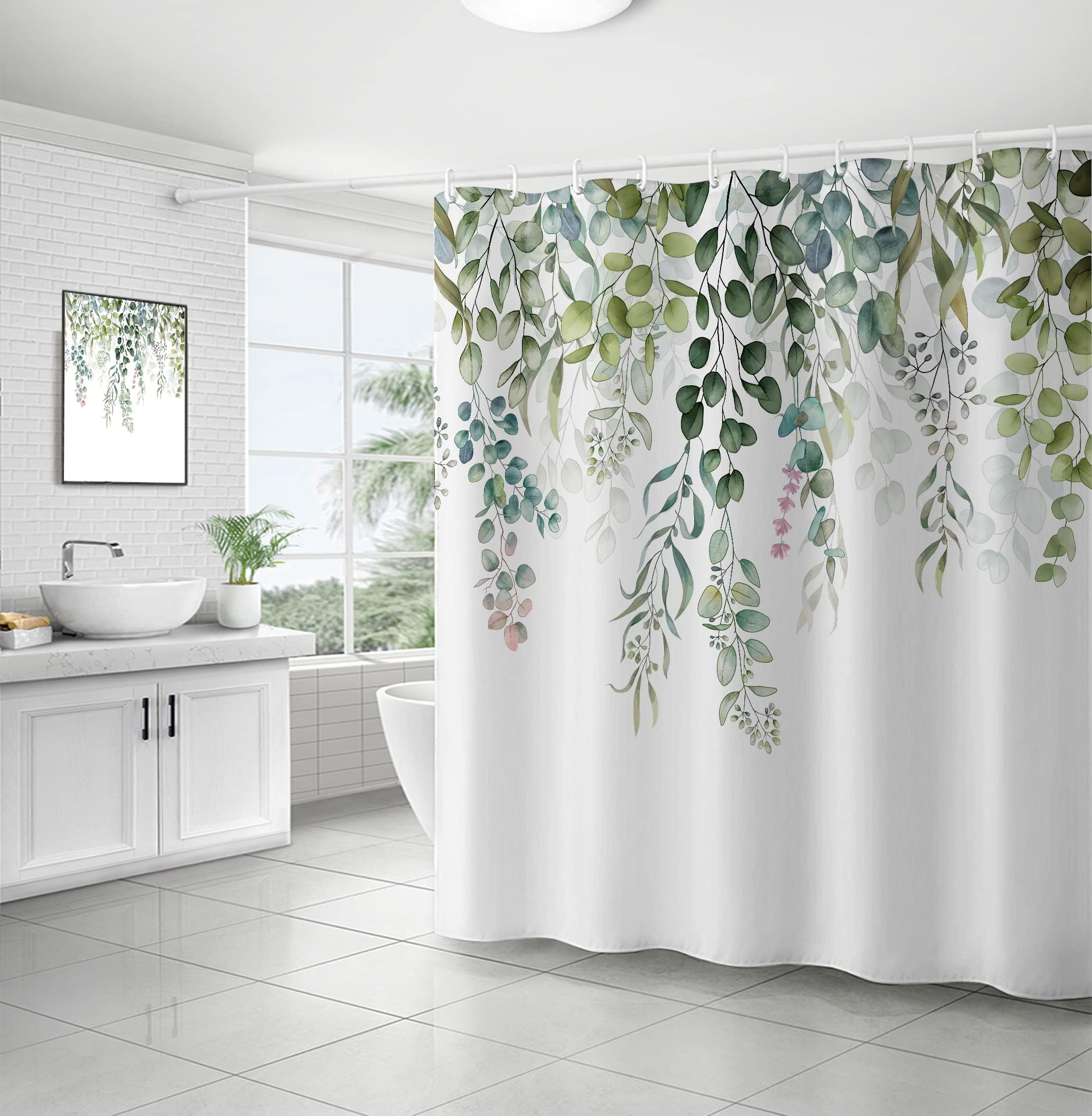Duschvorhang, schimmelresistent, wasserdichter Badewannenvorhang aus Polyestergewebe, grüne Blätter, 240 x 200 cm (B x H)