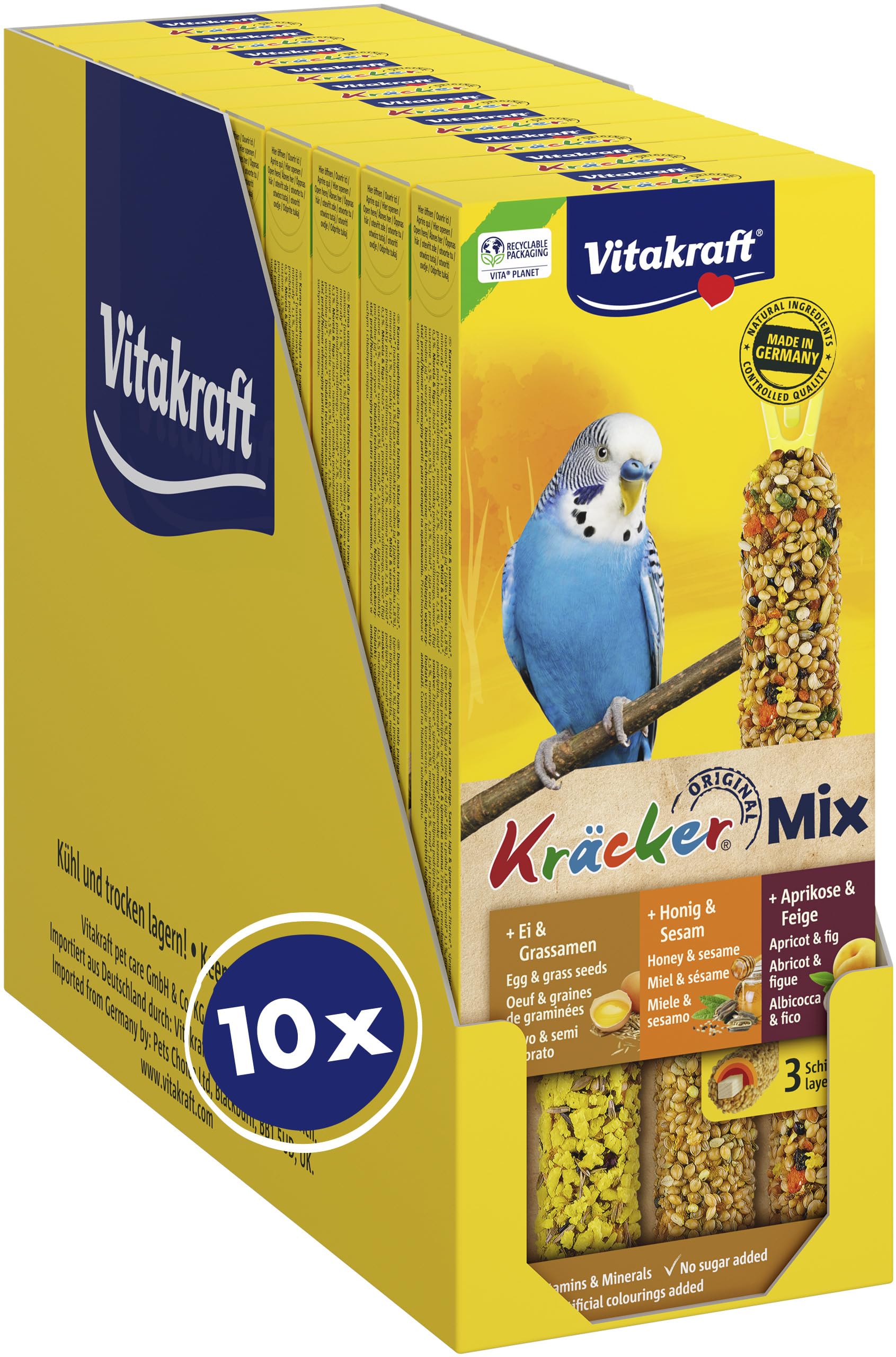 Vitakraft Kräcker Mix, Vogelsnack, Knabberstangen, mit Ei und Grassamen, mit Aprikose und Feige, mit Honig und Sesam, zur Schnabelpflege, ohne Zusatz von Zucker (10x 80g)