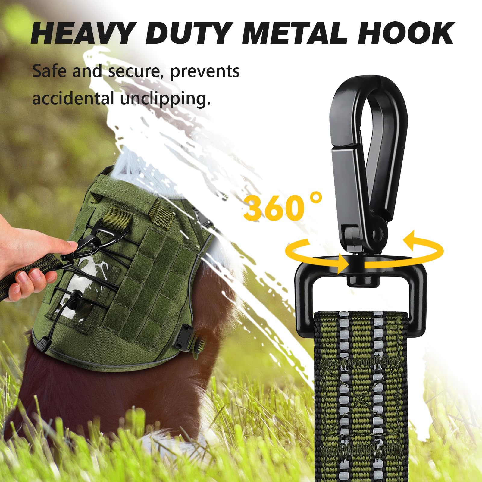 WINGOIN Dog Leash for Large Medium Dogs, Heavy Duty Dog Leashes with Double Handle, Poop Bag Holder, Metal Clip, Car Seat Belt Buckle, Reflective Tactical Pet Lead for Walking, Training (Green, 6FT) - 4