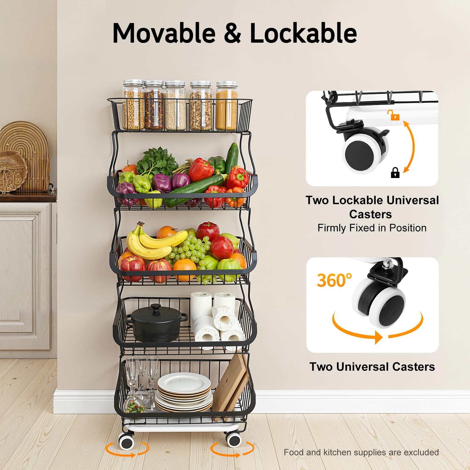 Cesta de frutas y verduras de acero al carbono de 5 niveles, color negro, con 4 ruedas silenciosas (2 con freno), diseño de rejilla ventilada y bandeja colectora de agua, ahorra espacio para cocina