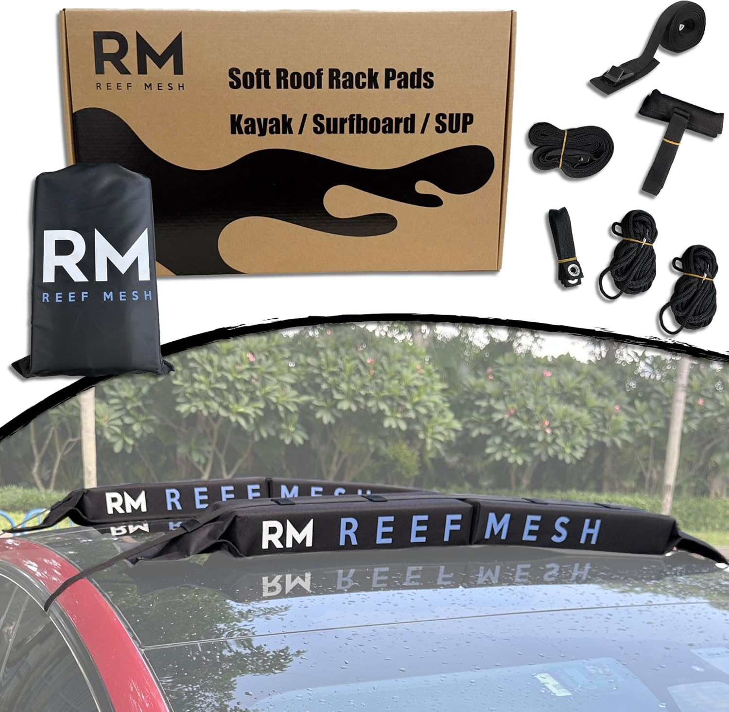 Universal Soft Roof Rack Pads for Kayak, SUP, Canoe & Surfboard – Waterproof Anti-Wick Straps, Extra-Wide Car Roof Carrier with Non-Slip Buckles – Fits Cars, SUVs & Vans