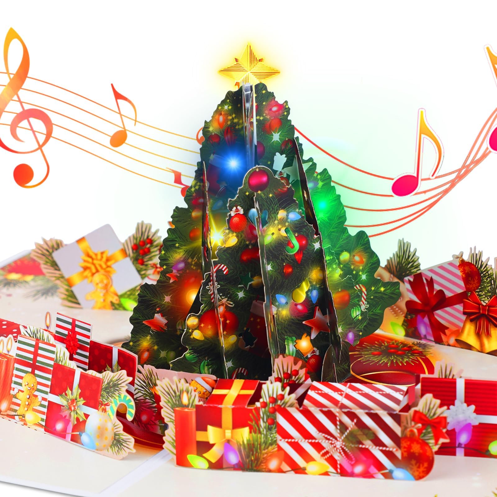 WUJUN Christmas Cards, 3D Christmas Pop Up Card with Lights & Music, Double Sided Pattern Design, 180° Star Christmas Tree Festive Musical Greeting Card