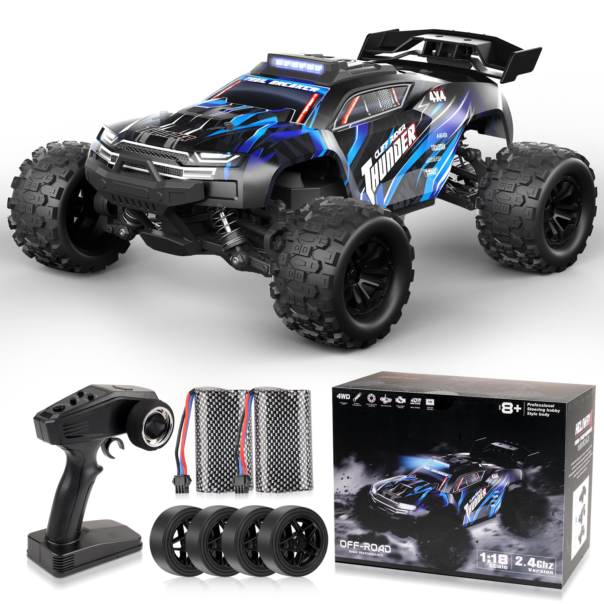 Ferngesteuertes Auto – 1:18 High-Speed 40 Km/H Rc Auto 2,4 Ghz 4wd All Terrains Offroad Drift Truck Mit Zwei Wiederaufladbaren Batterien FüR LäNgeres Spielen FüR Kinder Und Erwachsene – Blau