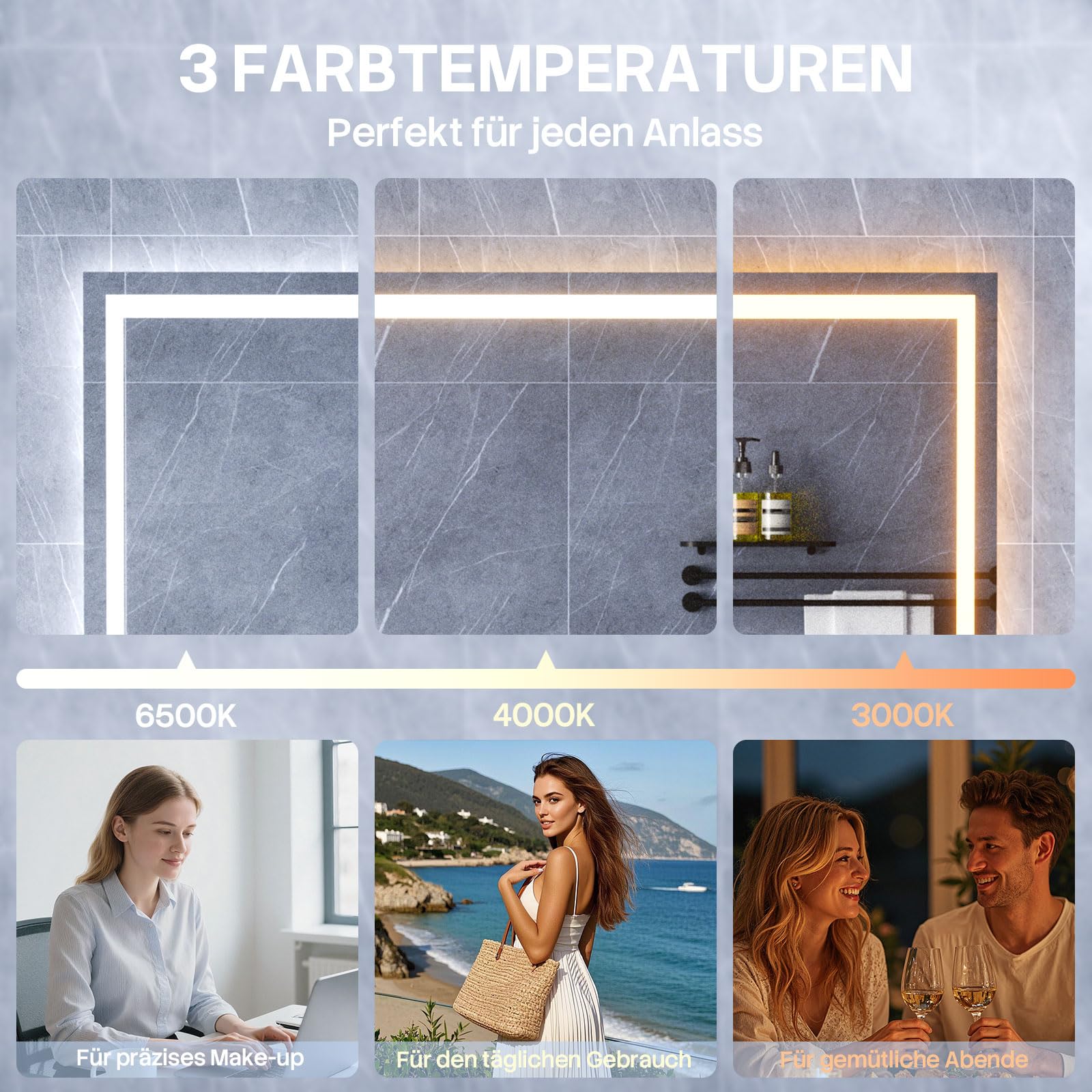 HySail Badspiegel mit Beleuchtung, 5mm Hochauflösender Silber-Spiegel, 3 Farbtemperaturen & Dimmbare Helligkeit, Wandspiegel mit Touch-Schalter & Anti-Beschlag