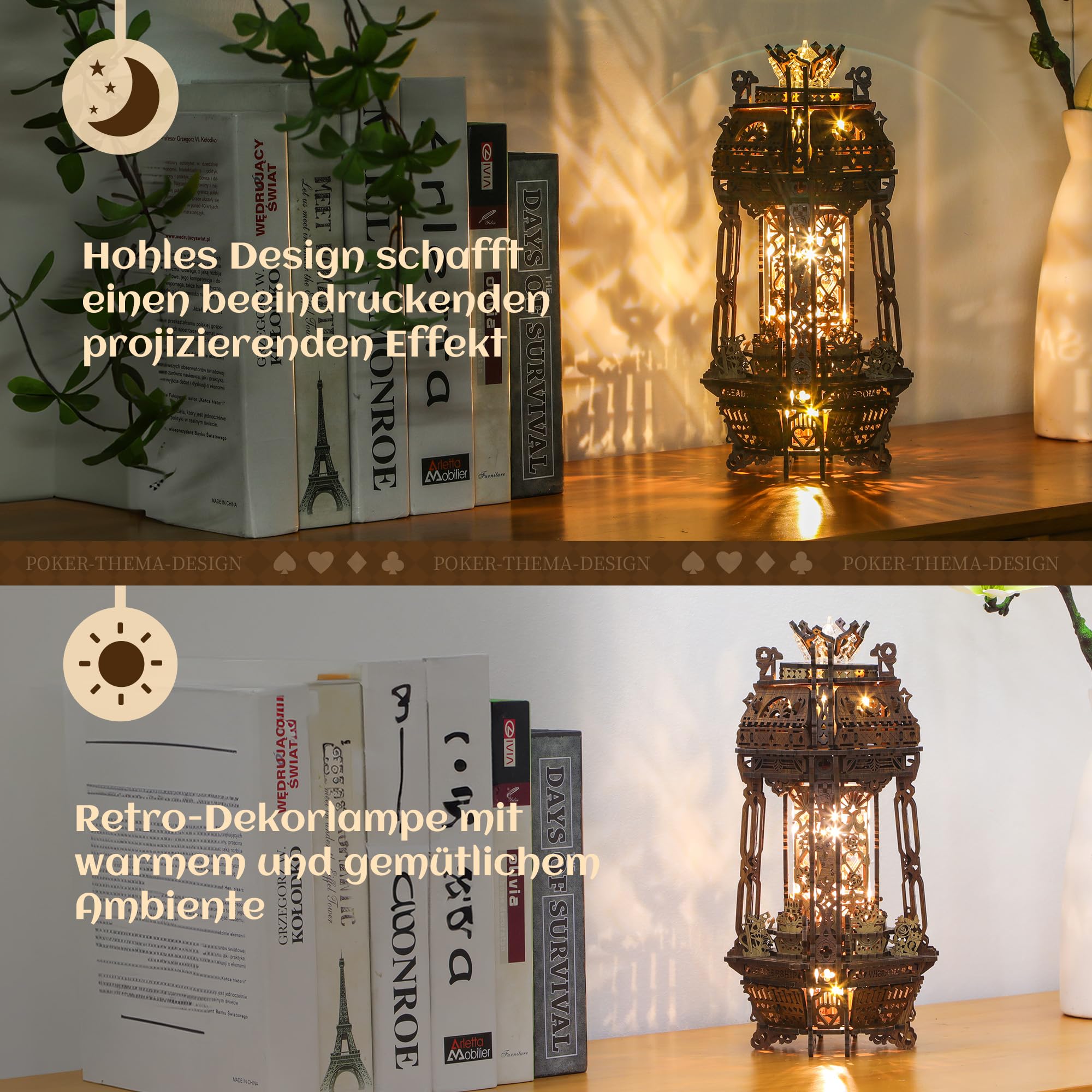 FUNPOLA LED 3D Holz Puzzle Poker Welt Projektor Lampe - DIY Bastelset mit LED Lichtern und Spieluhr - Kreative Poker-Thema Lampe, Nachtlicht Geschenk für Home Décor