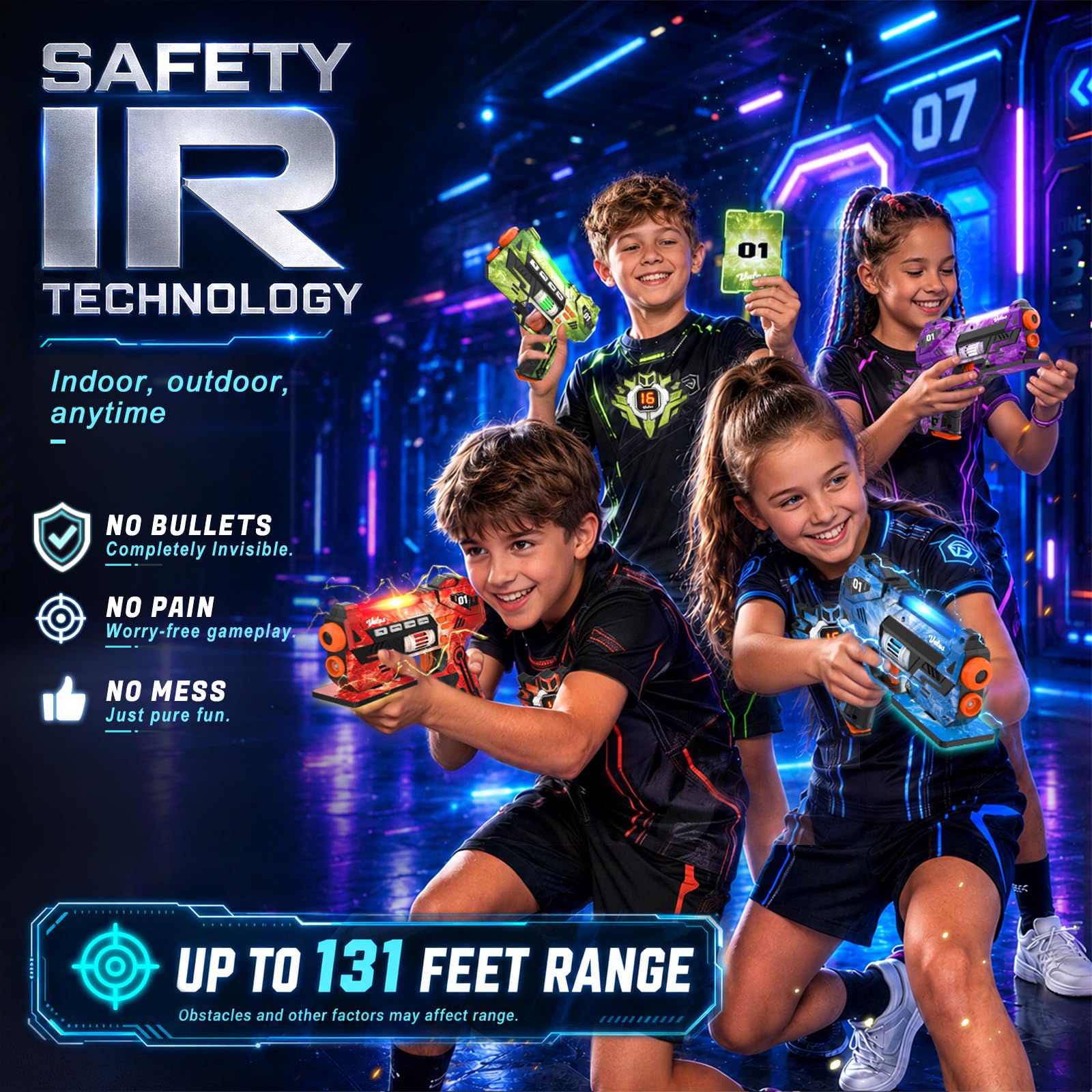 VATOS Set Laser Tag con Sensori 360°, Stazione di Ricarica e Carte Energia, 4 Pistole Laser Ricaricabili con Schermo LCD e Sincro 2,4 GHz, Gioco Laser per Interni/Esterni per Bambini e Famiglia