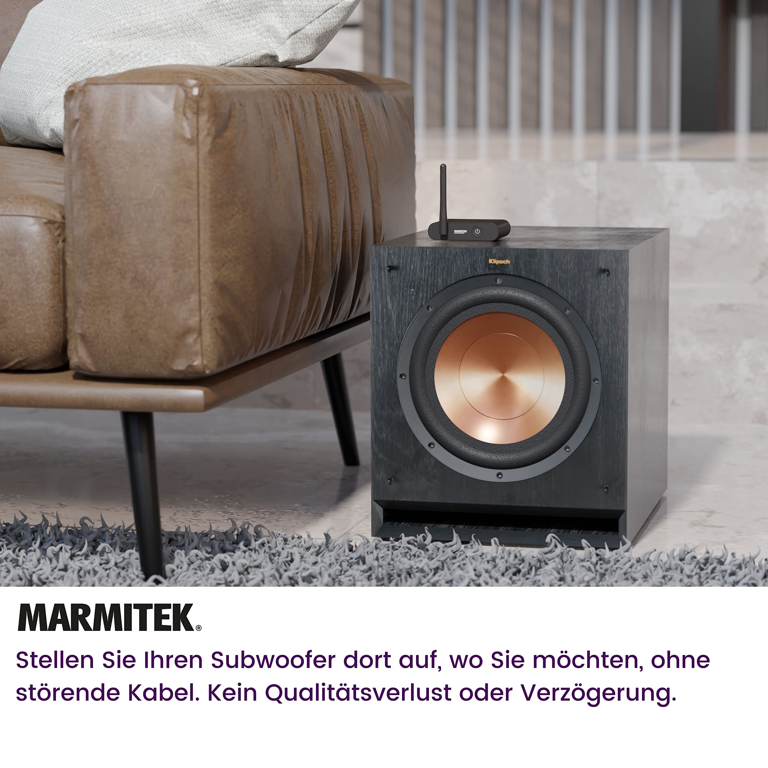 Marmitek WS400 - Kit subwoofer inalámbrico - Graves sin Cables 2,4 GHz | Transmisión digital RCA/LFE 2,4 GHz para subwoofer activo, graves sin cables, colocación libre, baja latencia y Plug & Play