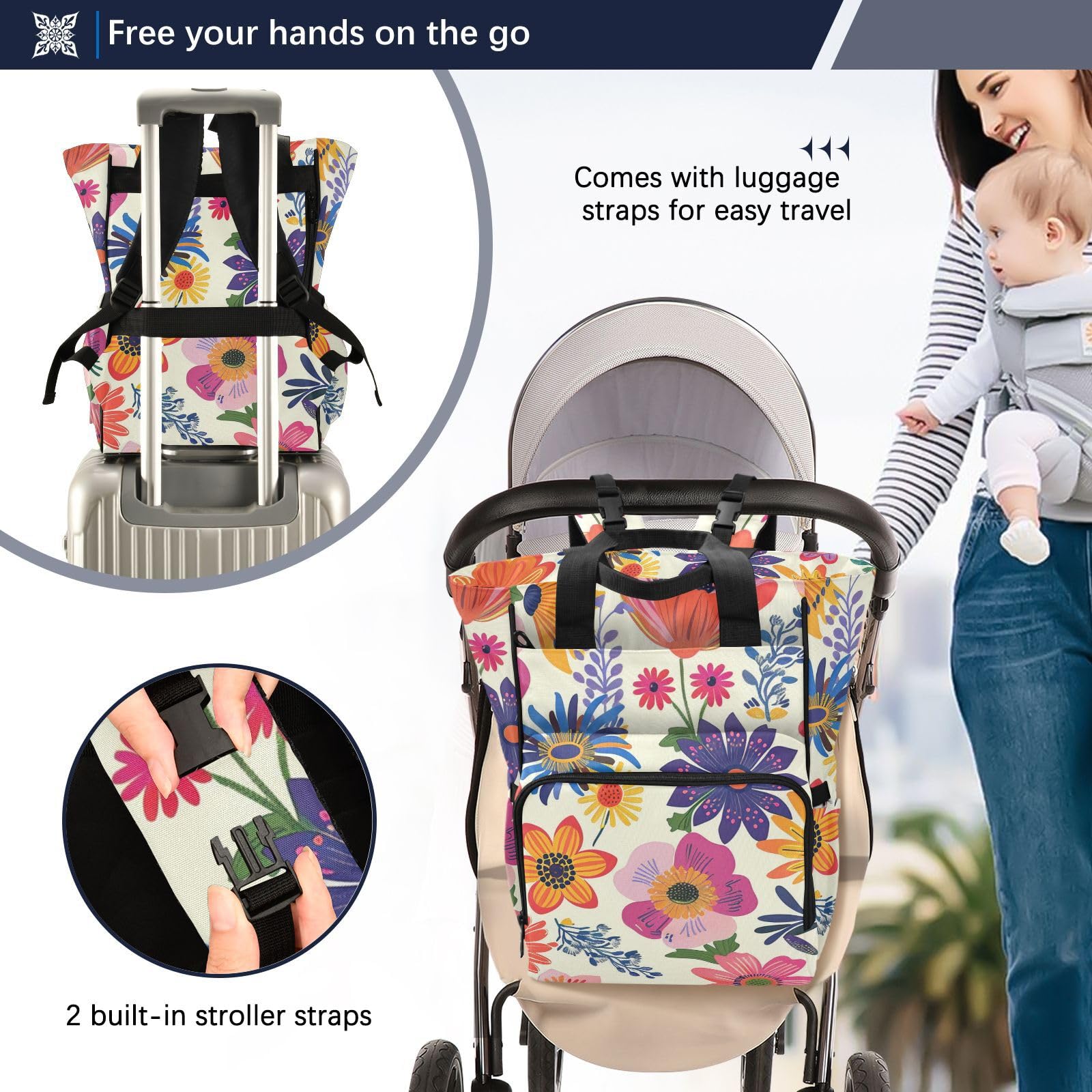 Bolsa de pañales para bebé niña con flores coloridas