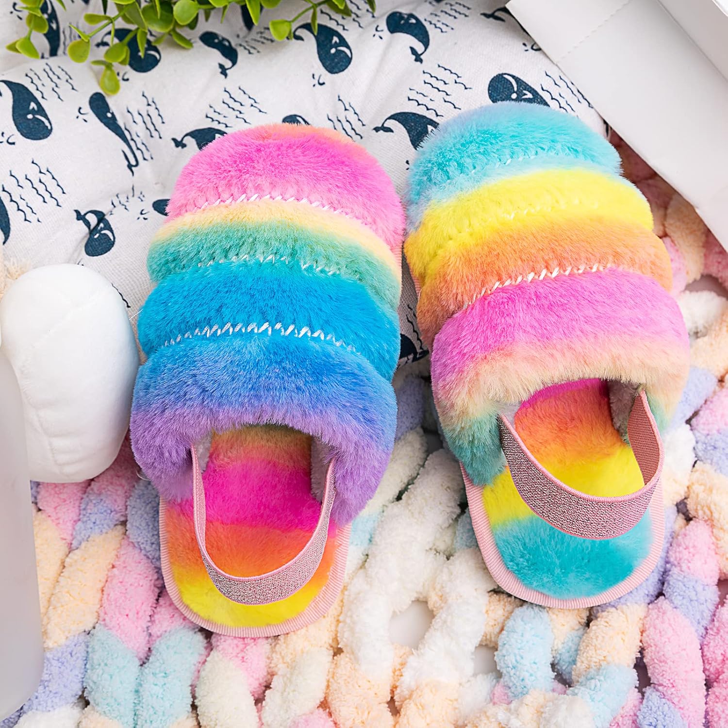 Kids Fluffy Fuzzy Slippers Open Toe House Home Slippers for Boys and Girls Faux Fur Slides with Strap Little Kids Slip-on Shoes - Image 3