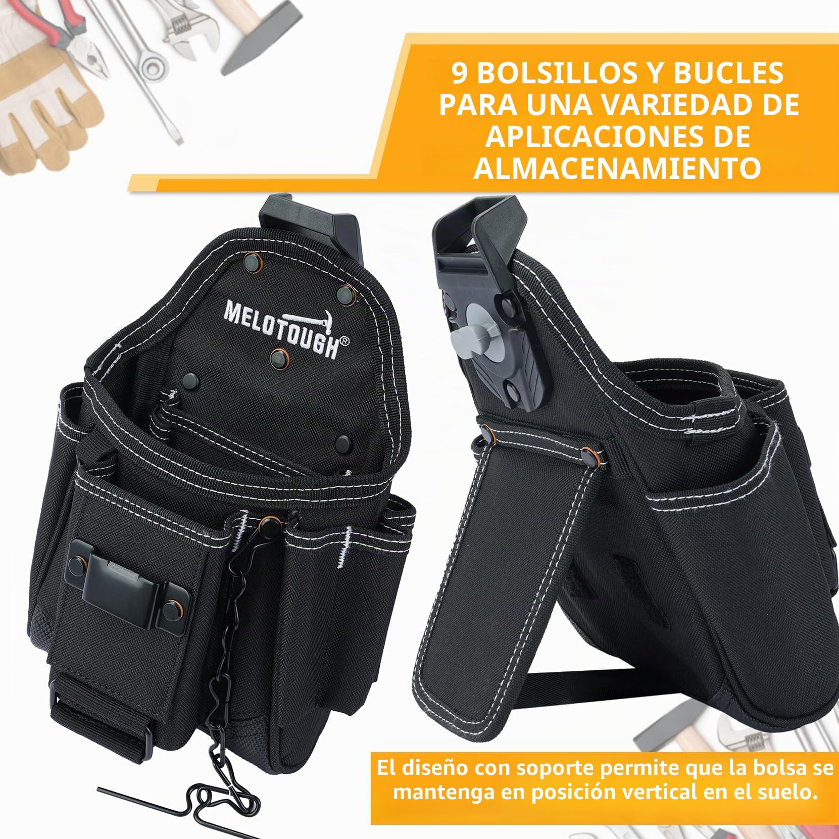 MELOTOUGH Bolsa de herramientas para electricista profesional para cinturón con clip de cinturón 9 bolsillos bolsa de herramientas artesanales con cinta adhesiva funda de cuerda