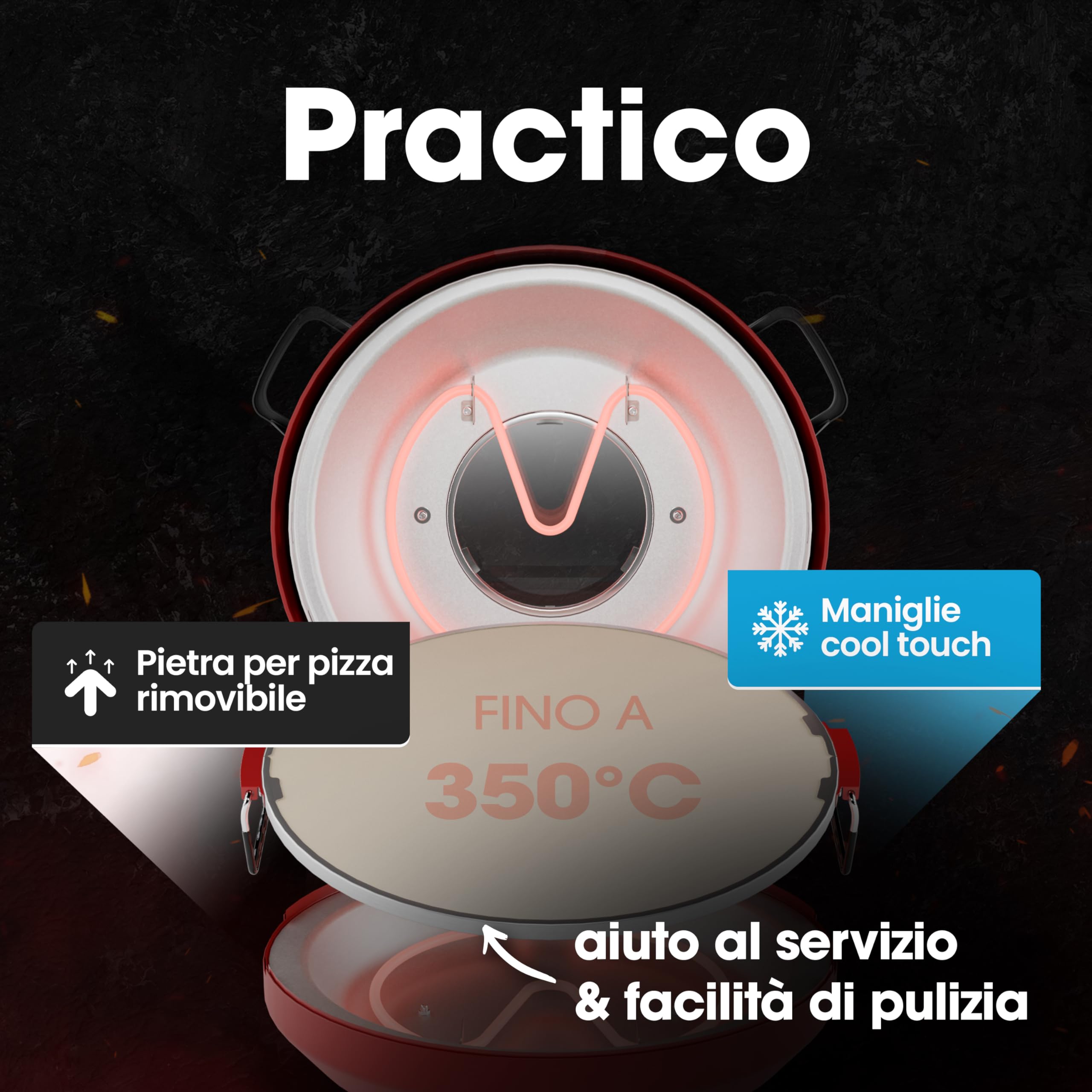 Forno per pizza Clatronic® | Pizzarette 350°C per pizza italiana su pietra a casa | anche per pizze surgelate | pizza in meno di 5 minuti | inclusa pietra per pizza Ø32cm e accessori | PM 3787