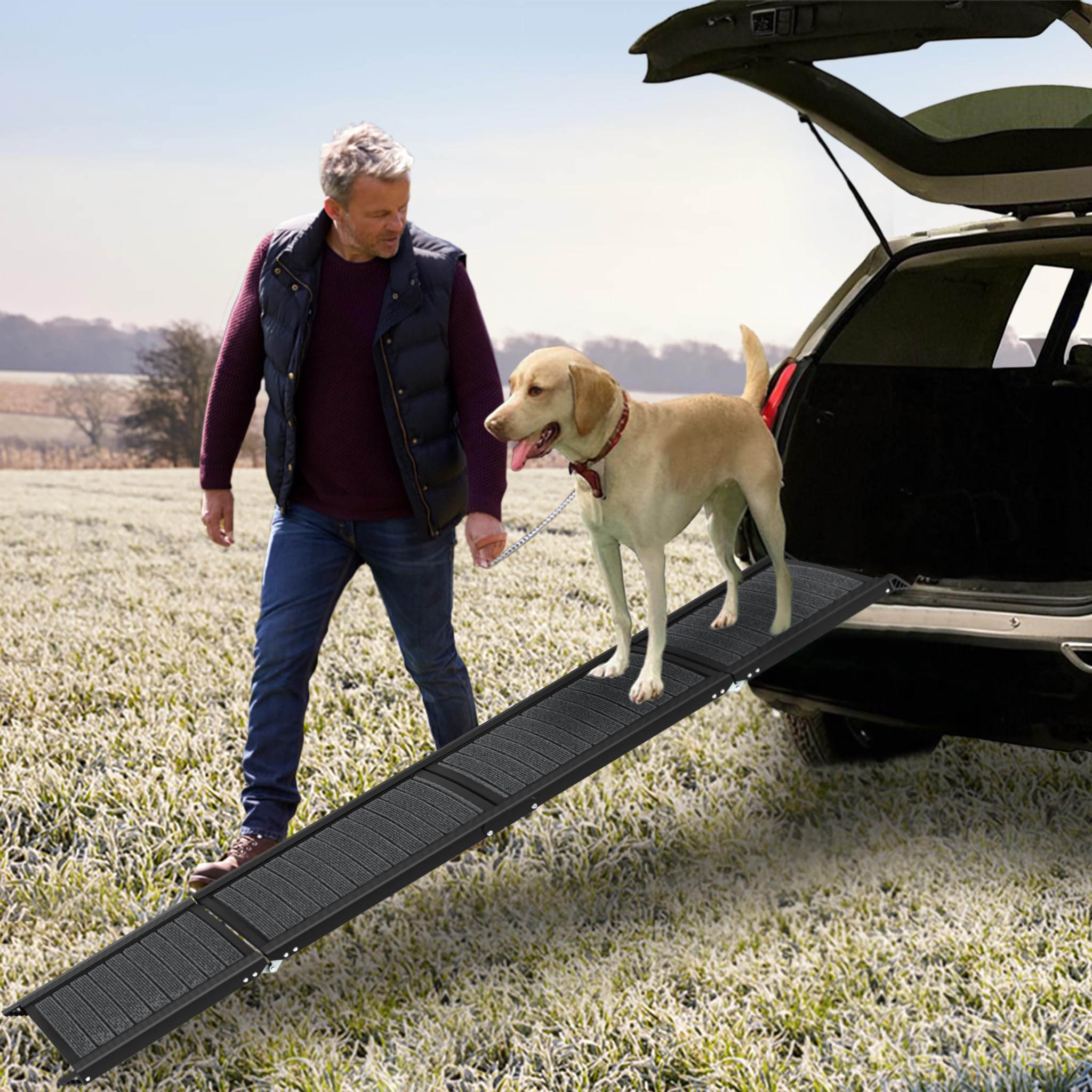 HENGMEI Hunderampe Klappbar Hundetreppe Auto Faltbare Kunststoff Hundeautorampe Hunde Auffahrrampe Kofferraum Einstiegshilfe, Haustiertreppe für Große und Schwere Hunde, 157x44cm, Schwarz